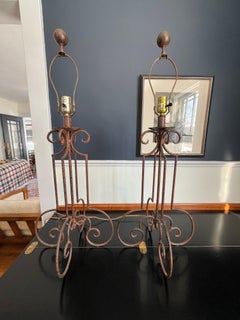 Mid Century Spanish Revival Wrought Iron Table Lamps with Hand Forged Scrollwork