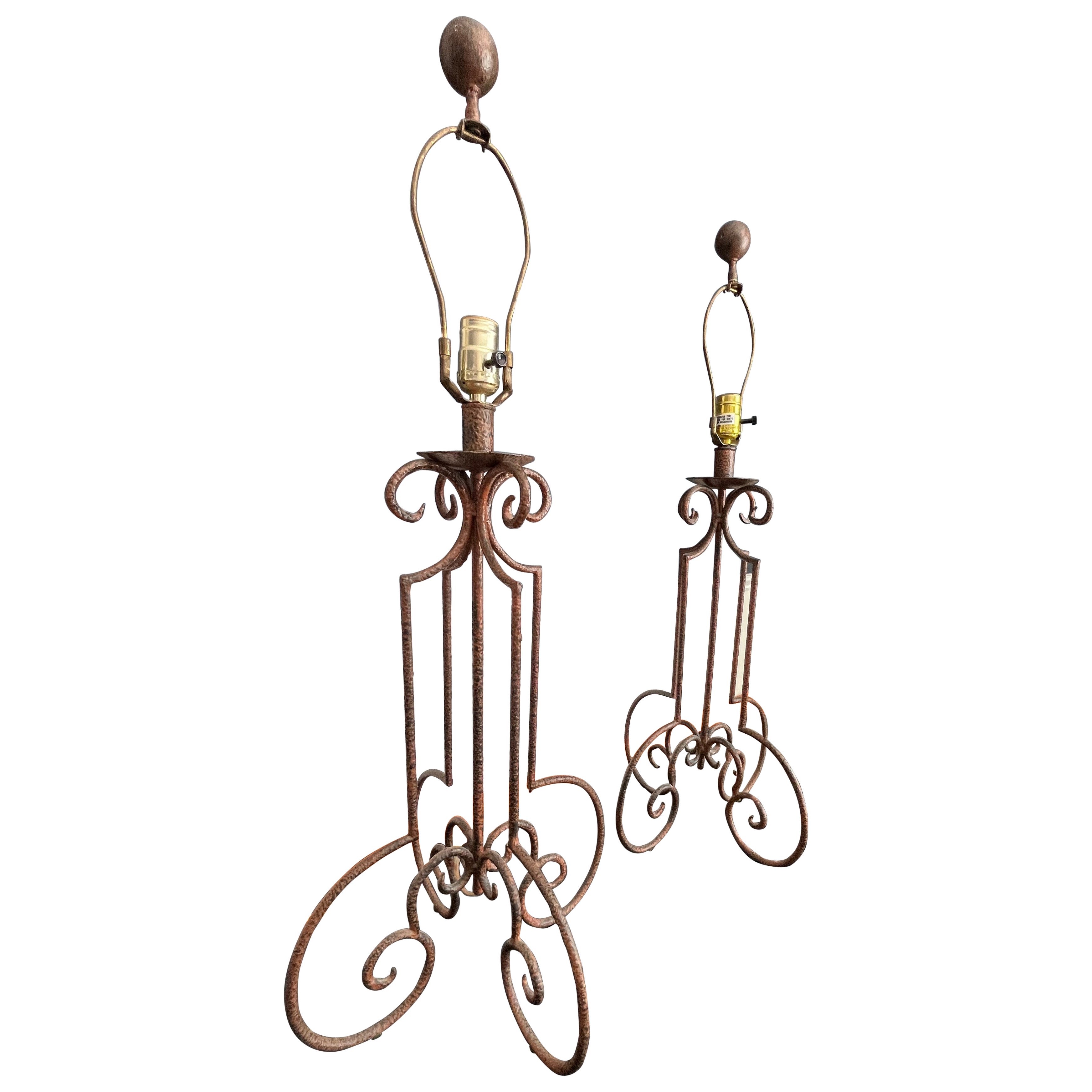Mid Century Spanish Revival Wrought Iron Table Lamps with Hand Forged Scrollwork