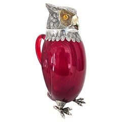 Silver Plate & Gilt Ruby Glass Owl Novelty Jug Decanter, Spain, 20th Century