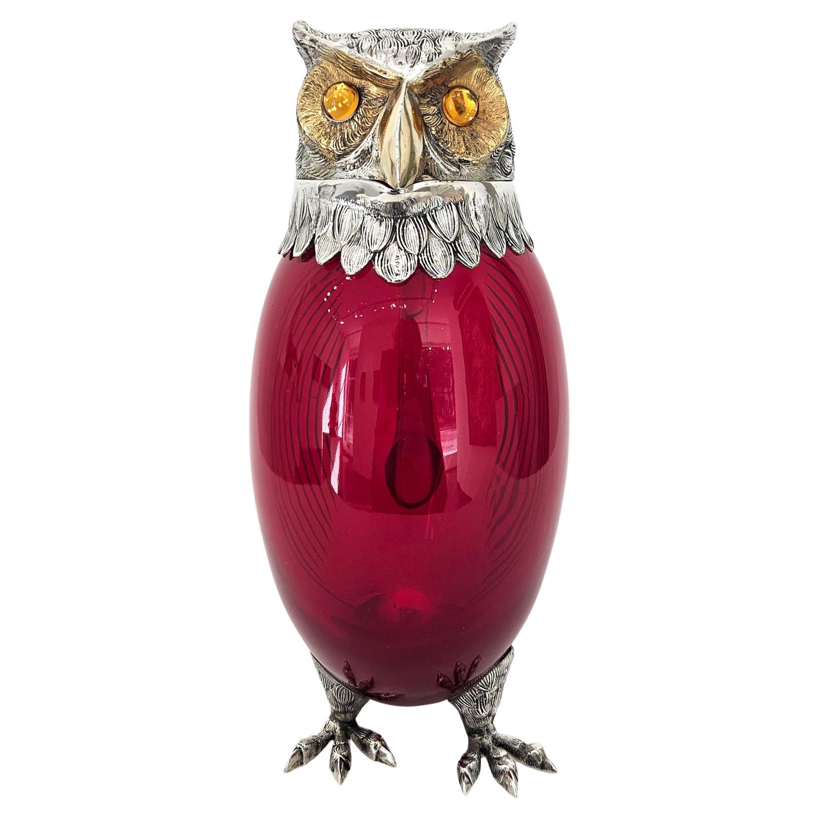 Silver Plate & Gilt Ruby Glass Owl Novelty Jug Decanter, Spain, 20th Century
