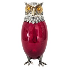 Silver Plate & Gilt Ruby Glass Owl Novelty Jug Decanter, Spain, 20th Century