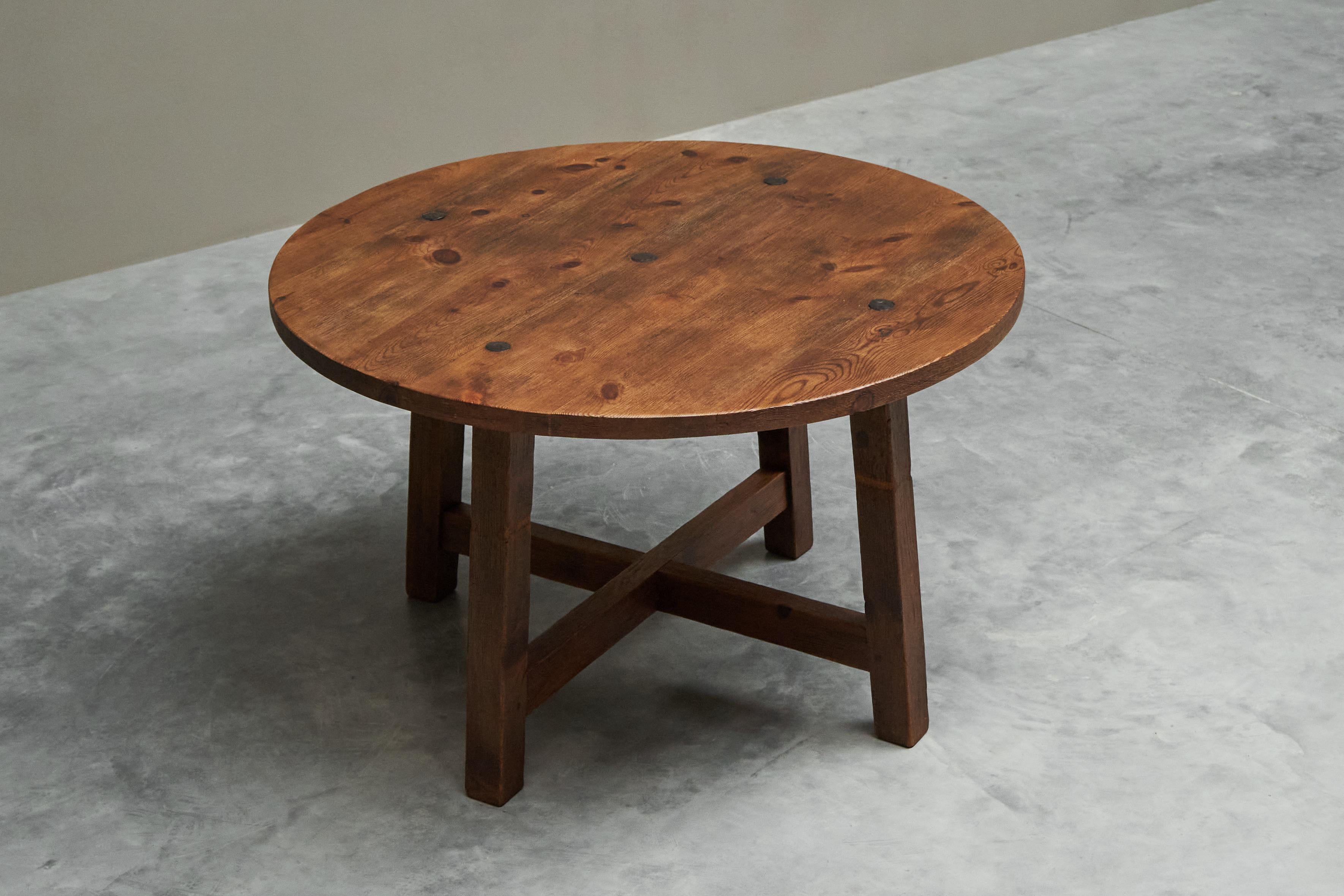 European Mid Century Spanish Style Dining or Center Table in Solid Wood and Wrought Iron For Sale
