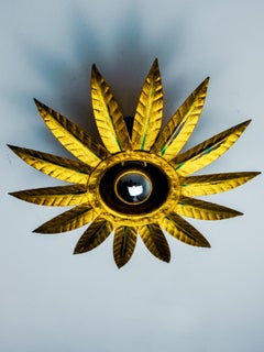 Mid-Century Spanish Sunburst Flush Mount Light in Gold Iron by Ferro Art