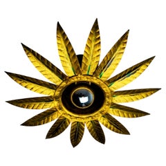 Mid-Century Spanish Sunburst Flush Mount Light in Gold Iron by Ferro Art