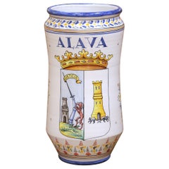 Mid-Century Spanish Talavera Pottery Umbrella Stand with Alava Crest
