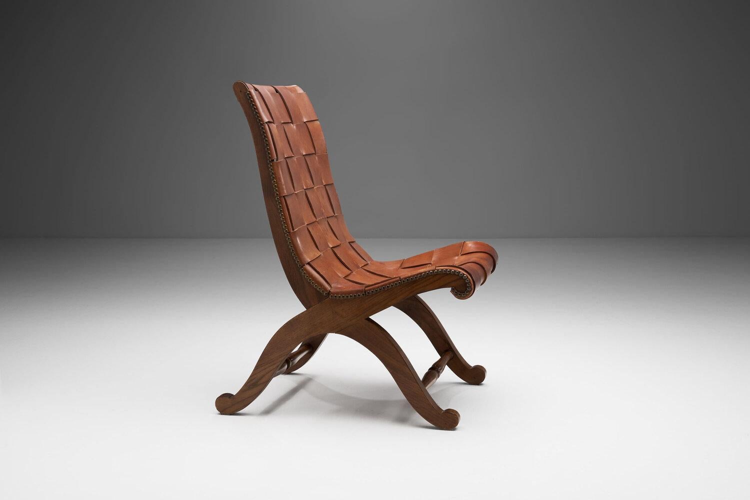 Woven Mid-Century Spanish Valenti Leather Chair by Pierre Lottier, Spain, 1950s