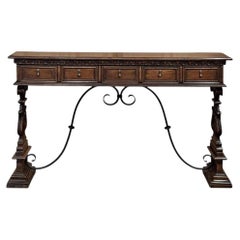 Mid Century Spanish Walnut Sofa Table ~ Console with Hand Forged Iron Stretcher