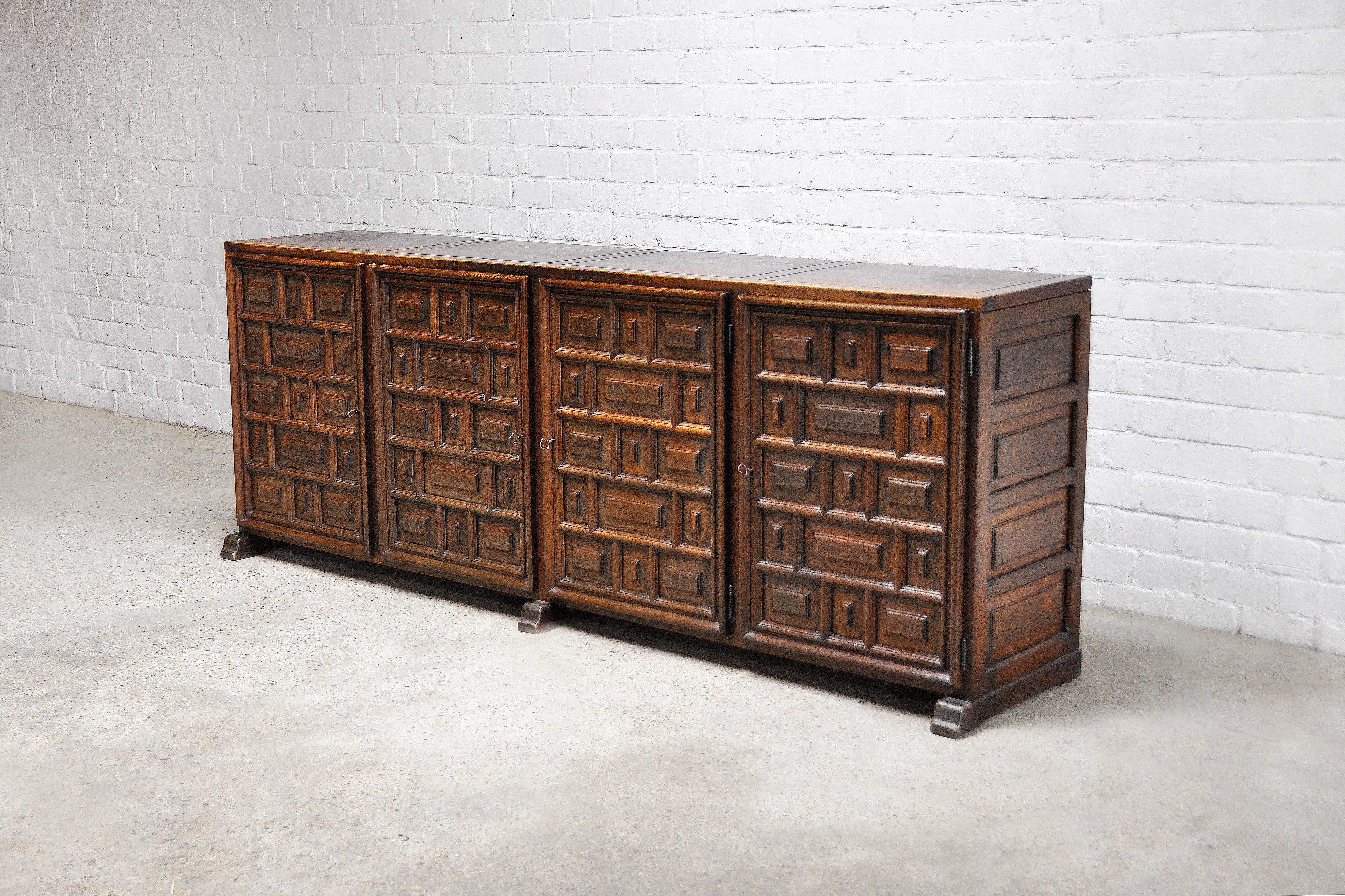 Mid-20th Century Spanish Brutalist Sideboard With Geometric Patterns, 1940s