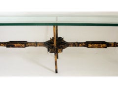 Mid-Century Spanish Wrought and Gilt-Iron Scroll Coffee Table with Glass Top