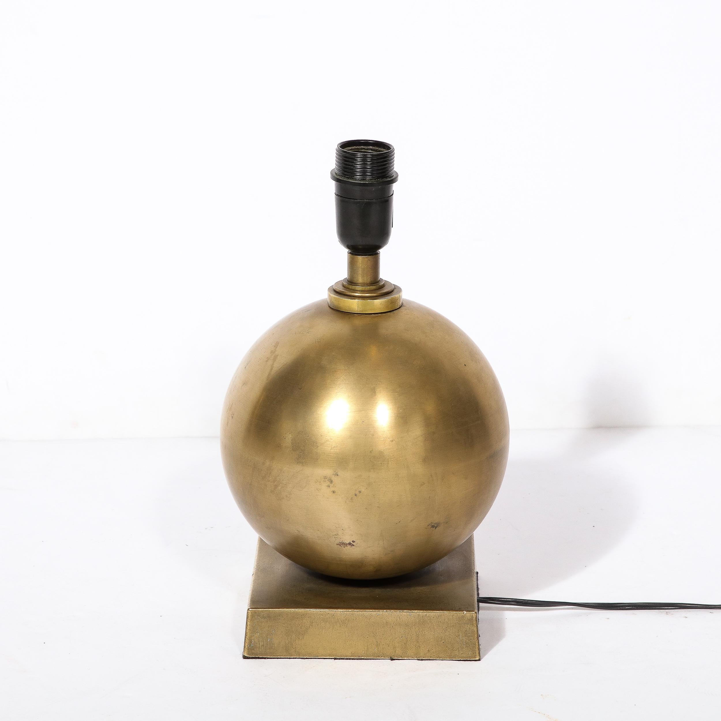 Mid-Century Spherical Brass & Rectilinear Base Table Lamp w/ Custom Drum Shade For Sale 4