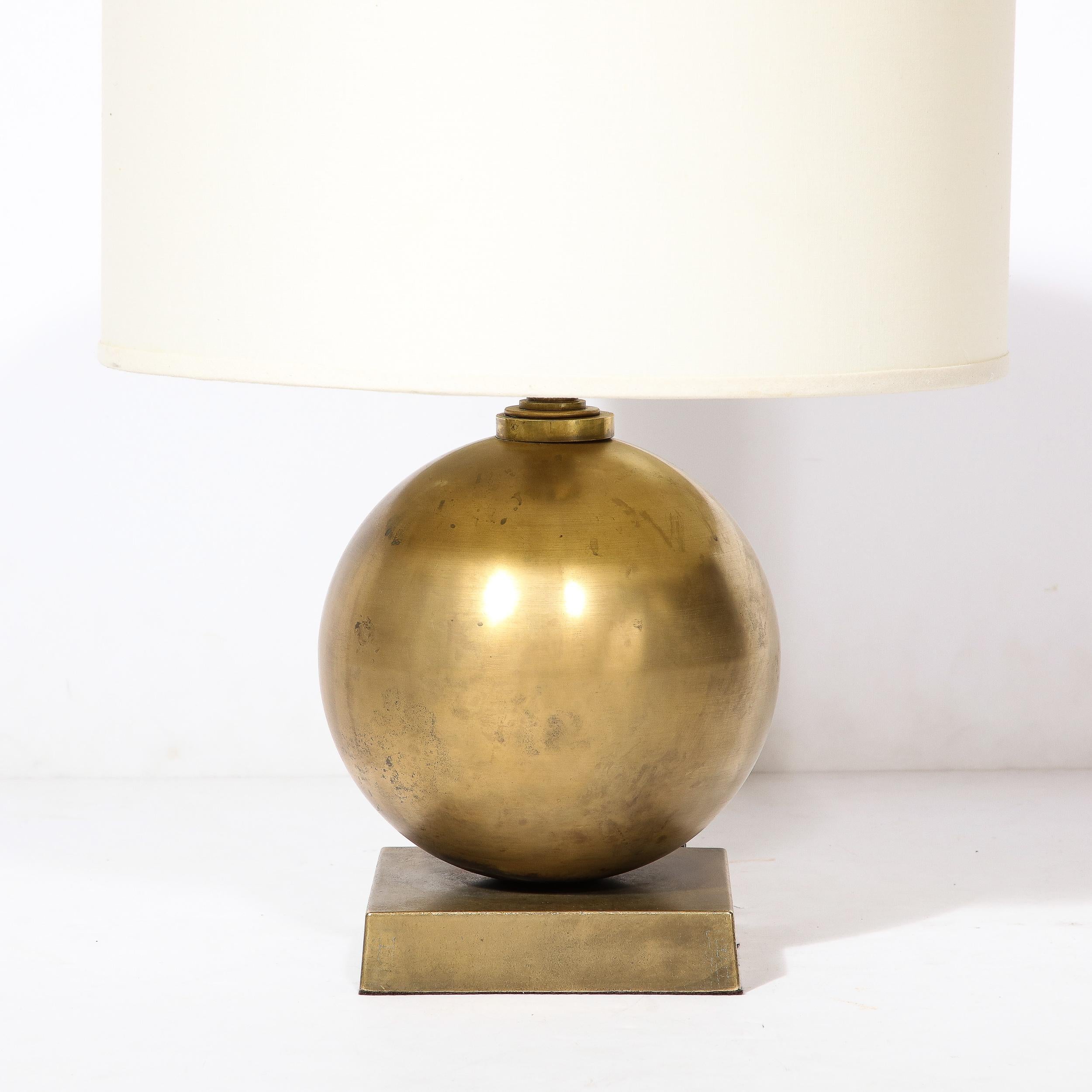 Mid-Century Modern Mid-Century Spherical Brass & Rectilinear Base Table Lamp w/ Custom Drum Shade For Sale