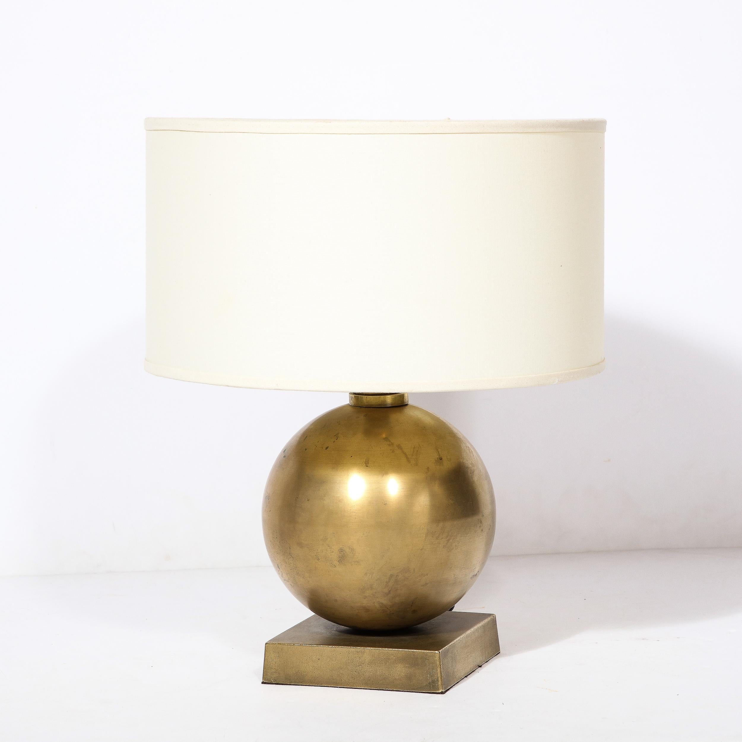 Italian Mid-Century Spherical Brass & Rectilinear Base Table Lamp w/ Custom Drum Shade For Sale