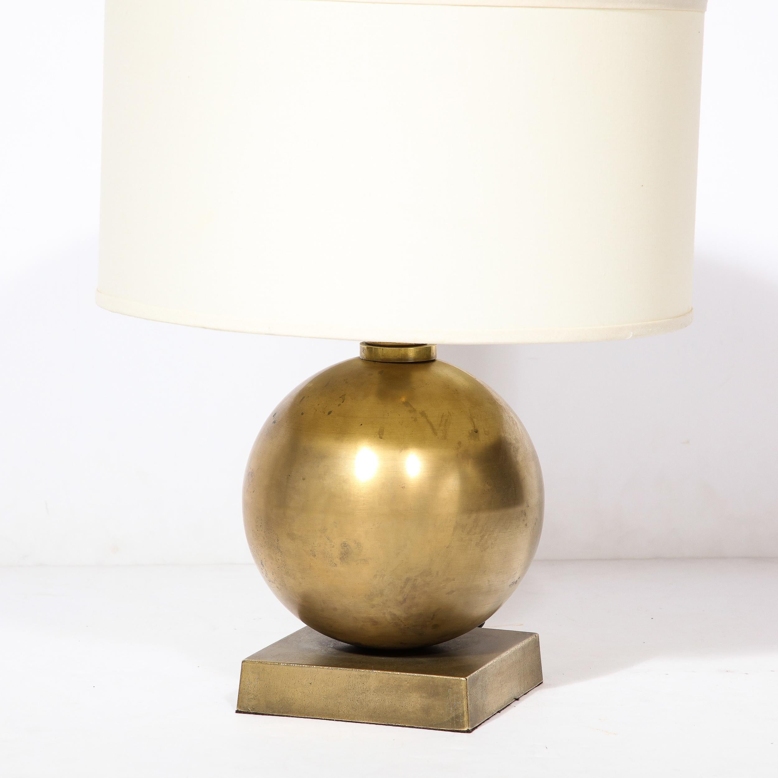 Mid-Century Spherical Brass & Rectilinear Base Table Lamp w/ Custom Drum Shade In Excellent Condition For Sale In New York, NY