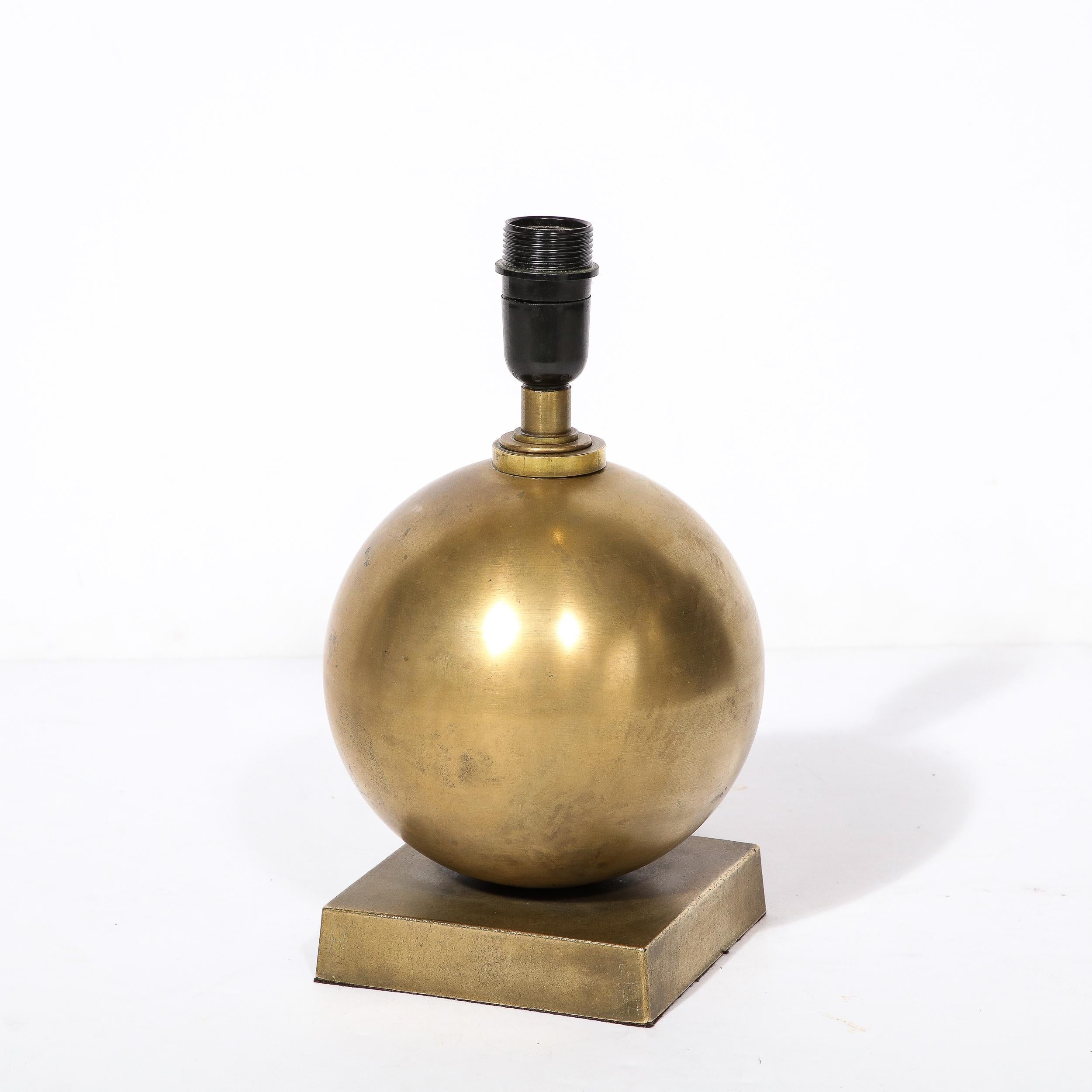 Mid-20th Century Mid-Century Spherical Brass & Rectilinear Base Table Lamp w/ Custom Drum Shade For Sale