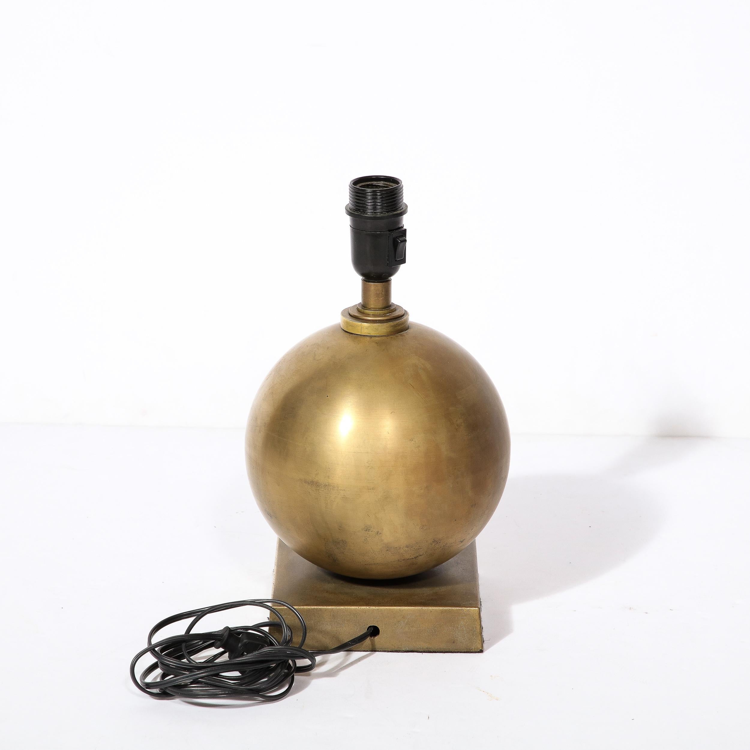 Mid-Century Spherical Brass & Rectilinear Base Table Lamp w/ Custom Drum Shade For Sale 2