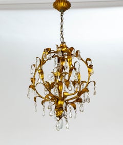 Mid Century Spherical Gilt Leaves & Crystal Chandelier