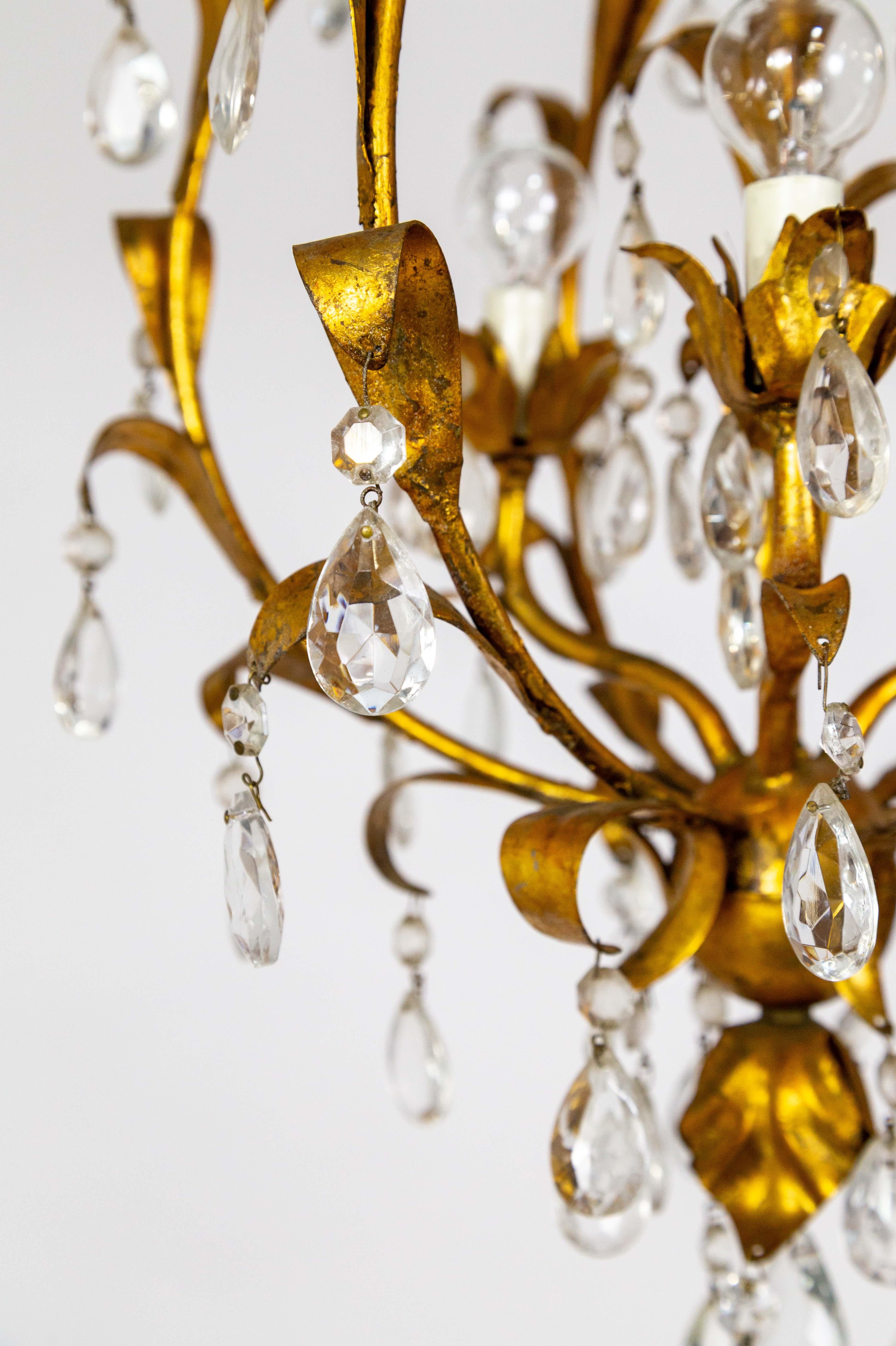 Mid Century Spherical Gilt Leaves & Crystal Chandelier In Good Condition For Sale In San Francisco, CA