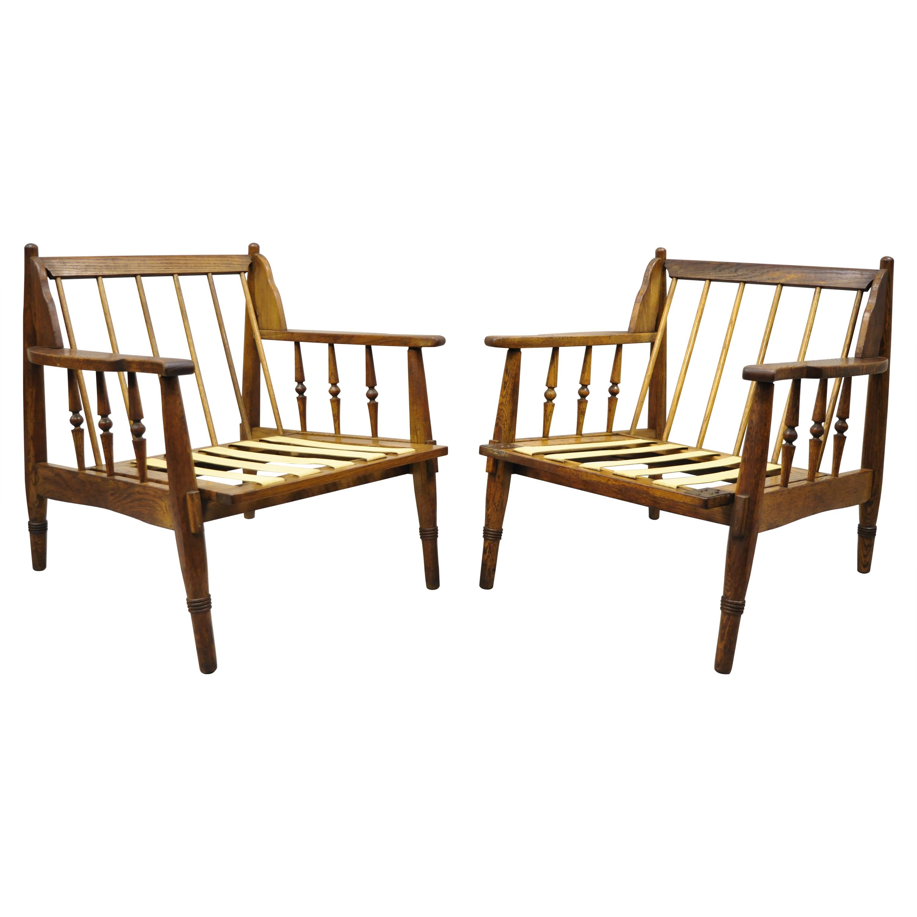 Mid Century Spindle Back Oak Wood Danish Style Lounge Club Chairs, a Pair