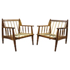 Mid Century Spindle Back Oak Wood Danish Style Lounge Club Chairs, a Pair