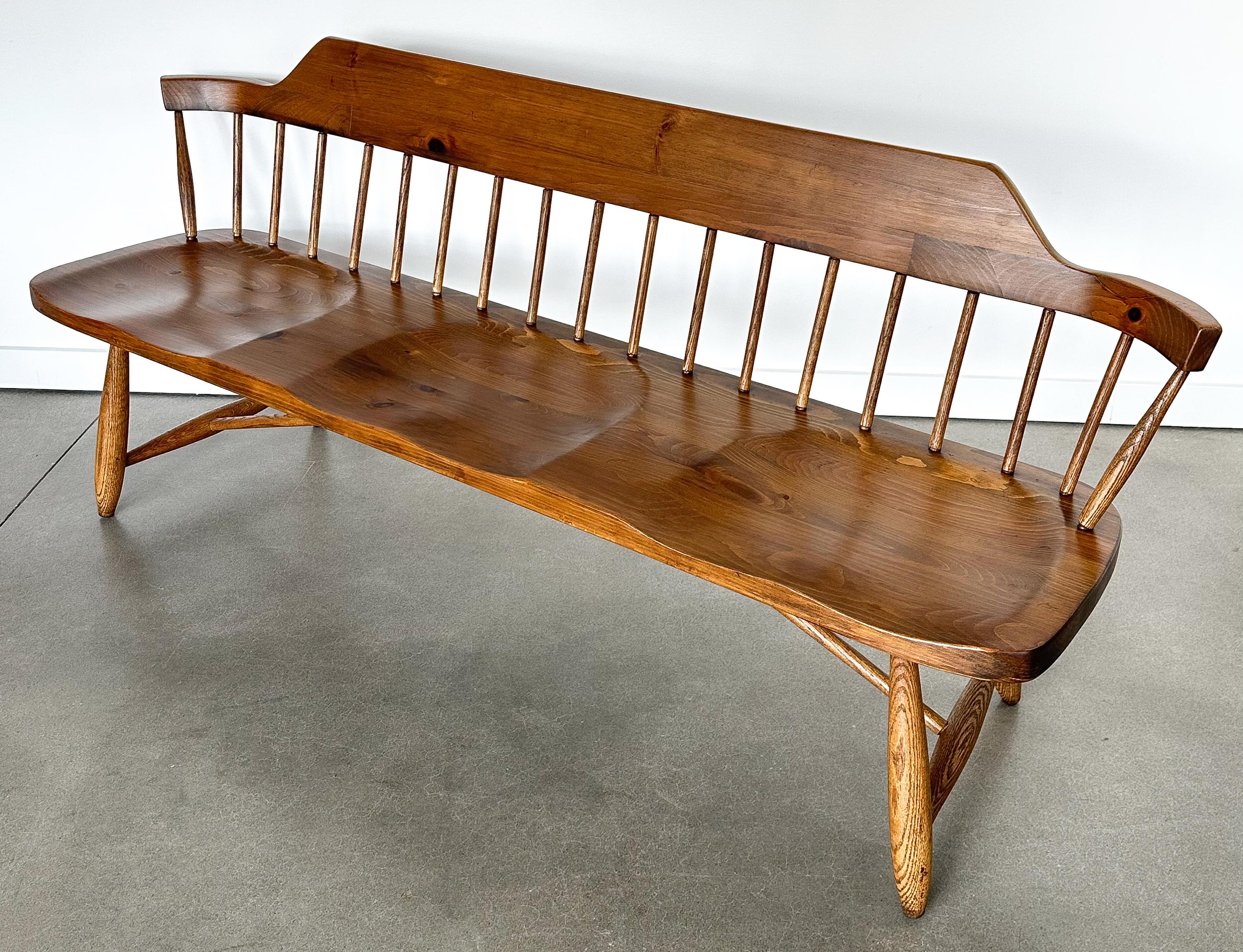 Stained Mid-Century Spindle Back Three Seat Bench by Conant Ball Bench