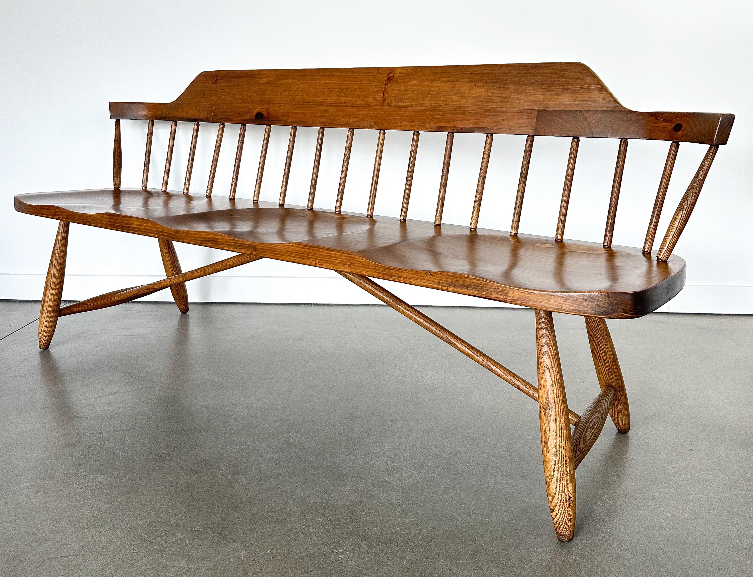 Mid-Century Spindle Back Three Seat Bench by Conant Ball Bench In Good Condition In Chicago, IL