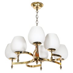 Mid-Century Spiral Six-Arm Pendant Chandelier in Brass & Walnut W/ Frosted Glass