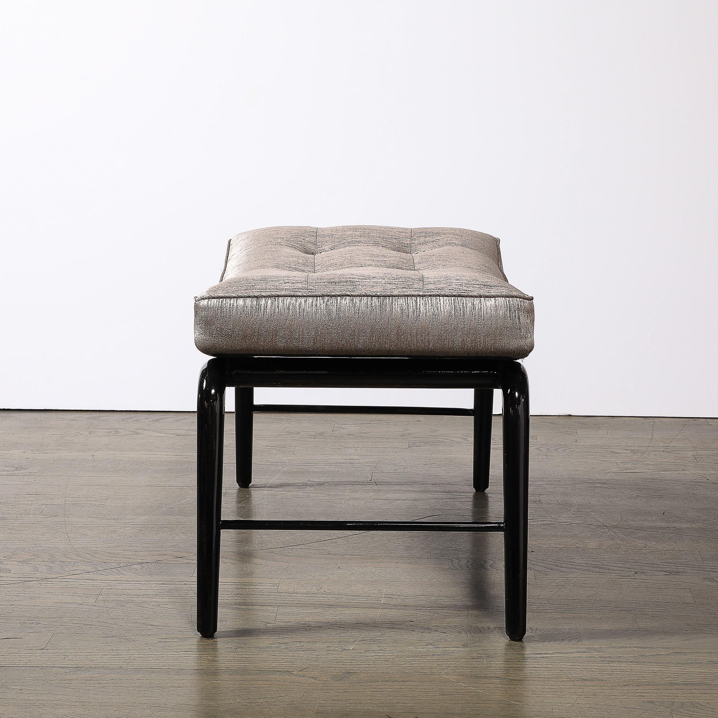 Fabric Mid-Century Splayed Leg Sculptural Bench W/ Button Detailing in Ebonized Walnut