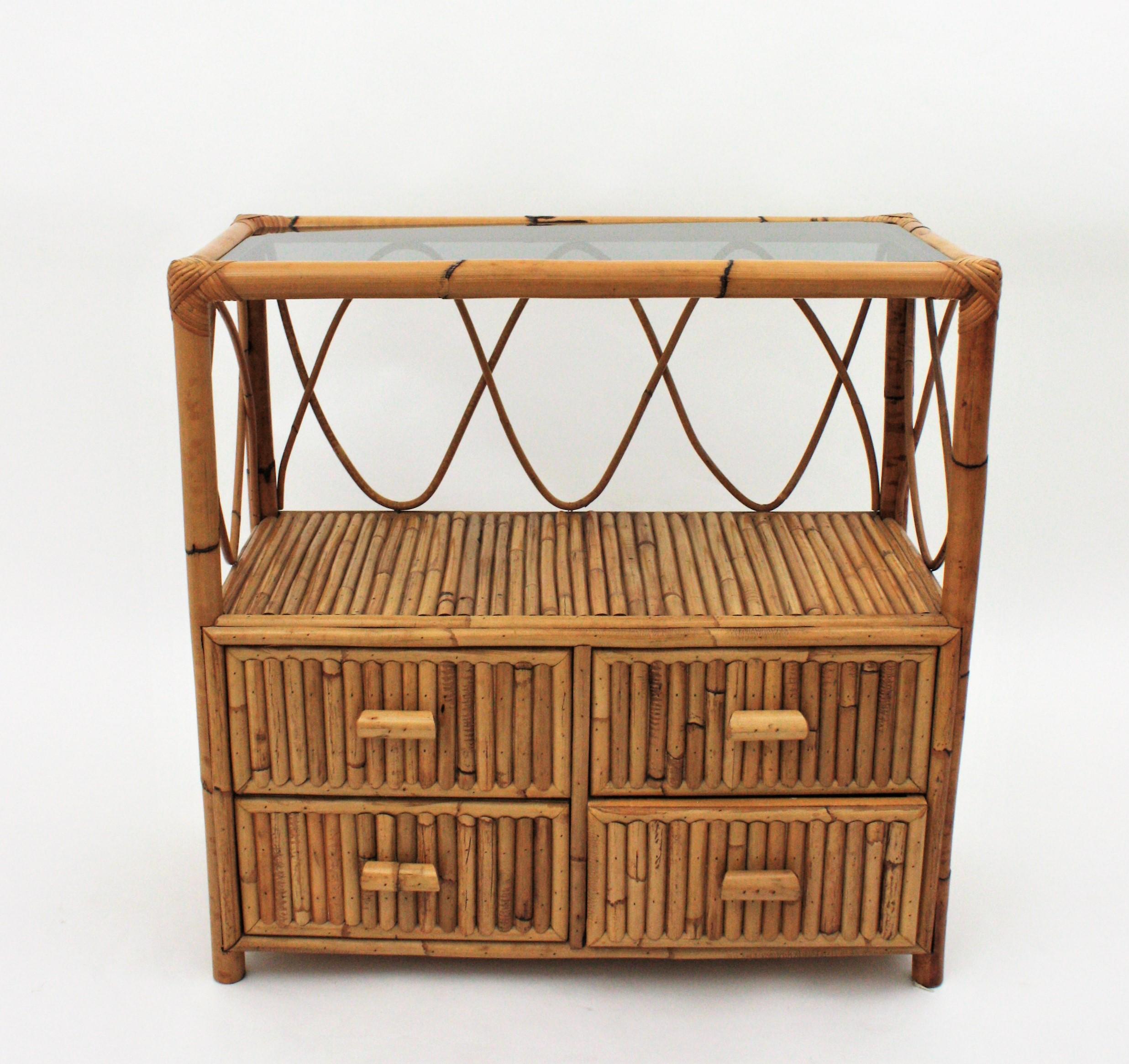 20th Century Mid-Century Split Reed Rattan Bamboo Console / Chest of Drawers