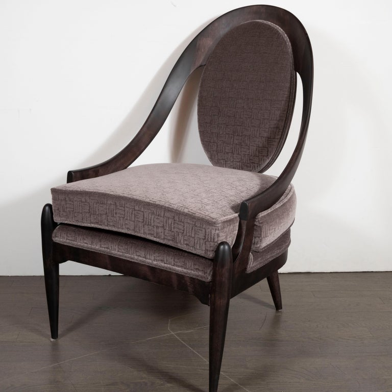 Midcentury Spoon Back Chairs in Ebonized Walnut and Gauffraged Mohair