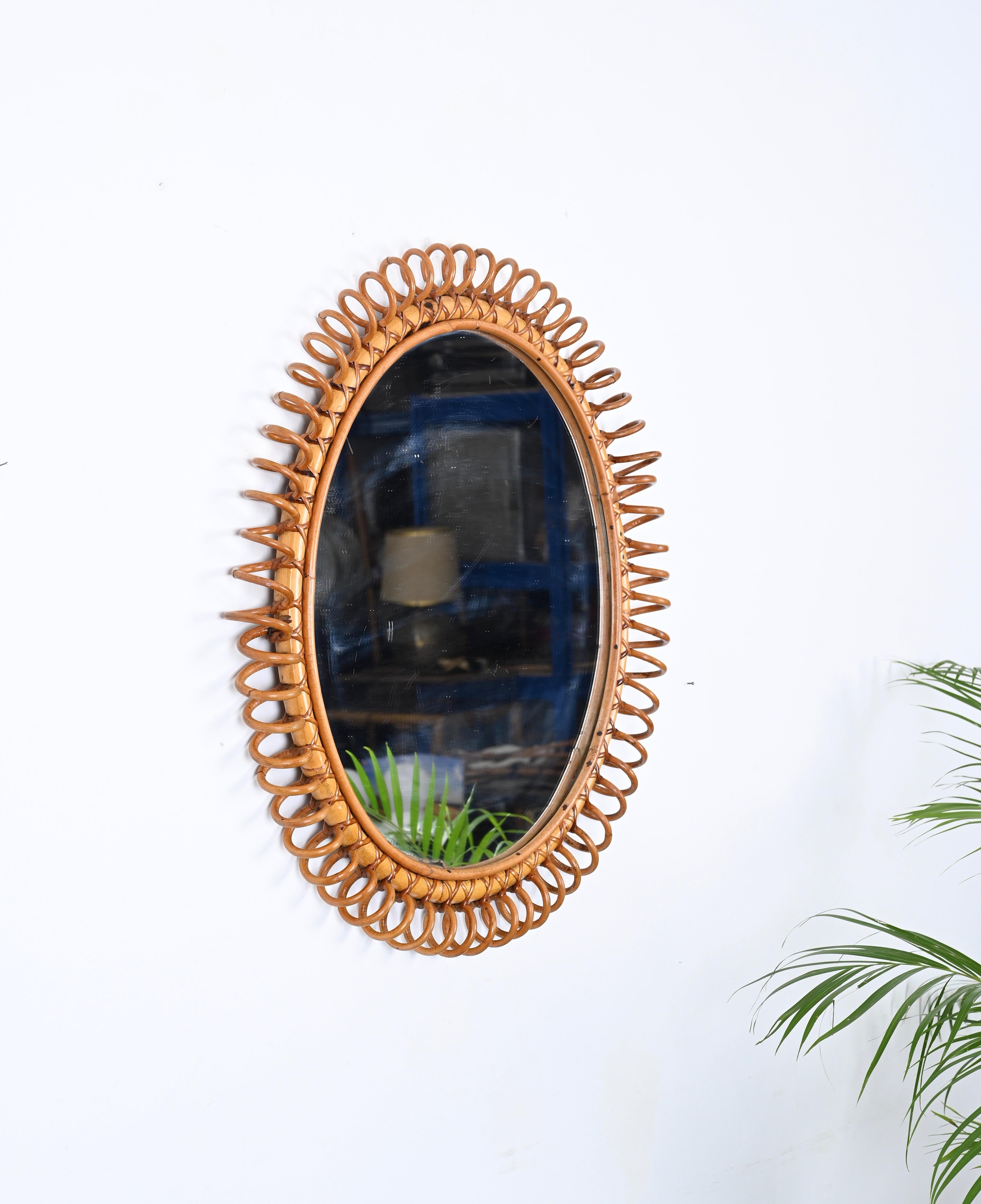 Mid-Century Spring Round Shape Mirror in Rattan, Wicker and Bamboo, Italy 1960s For Sale 3