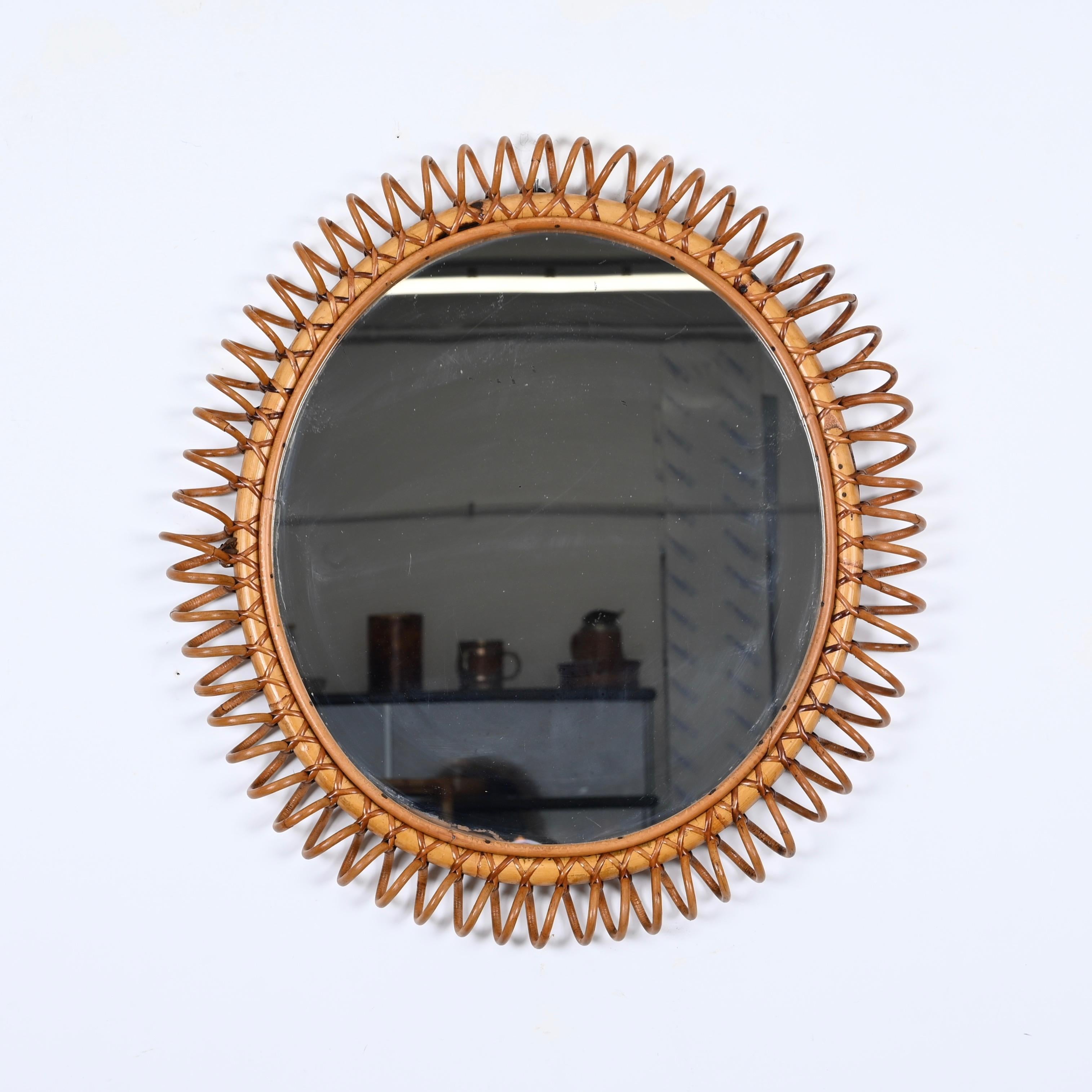 Mid-Century Spring Round Shape Mirror in Rattan, Wicker and Bamboo, Italy 1960s For Sale 4