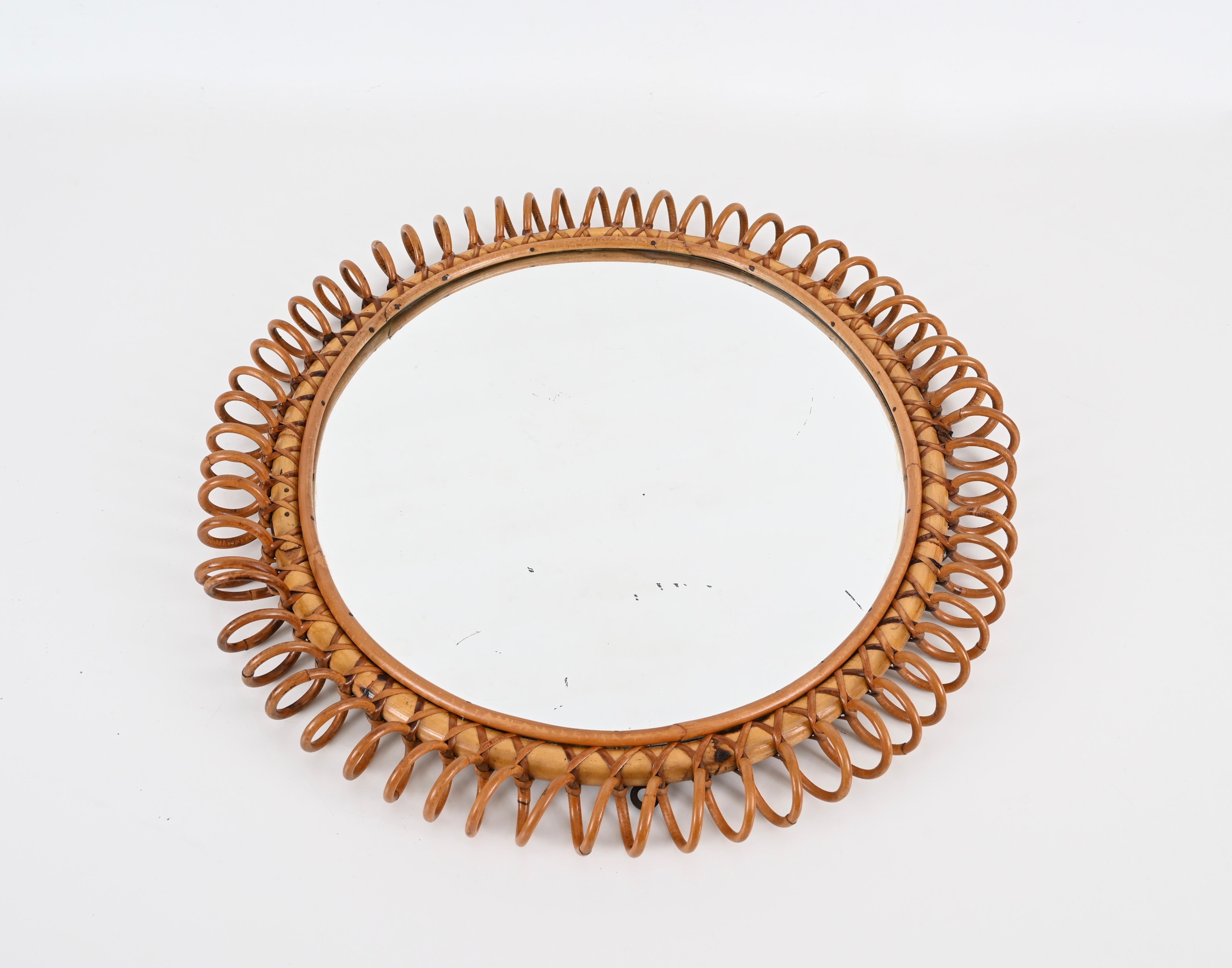 Mid-Century Spring Round Shape Mirror in Rattan, Wicker and Bamboo, Italy 1960s For Sale 6