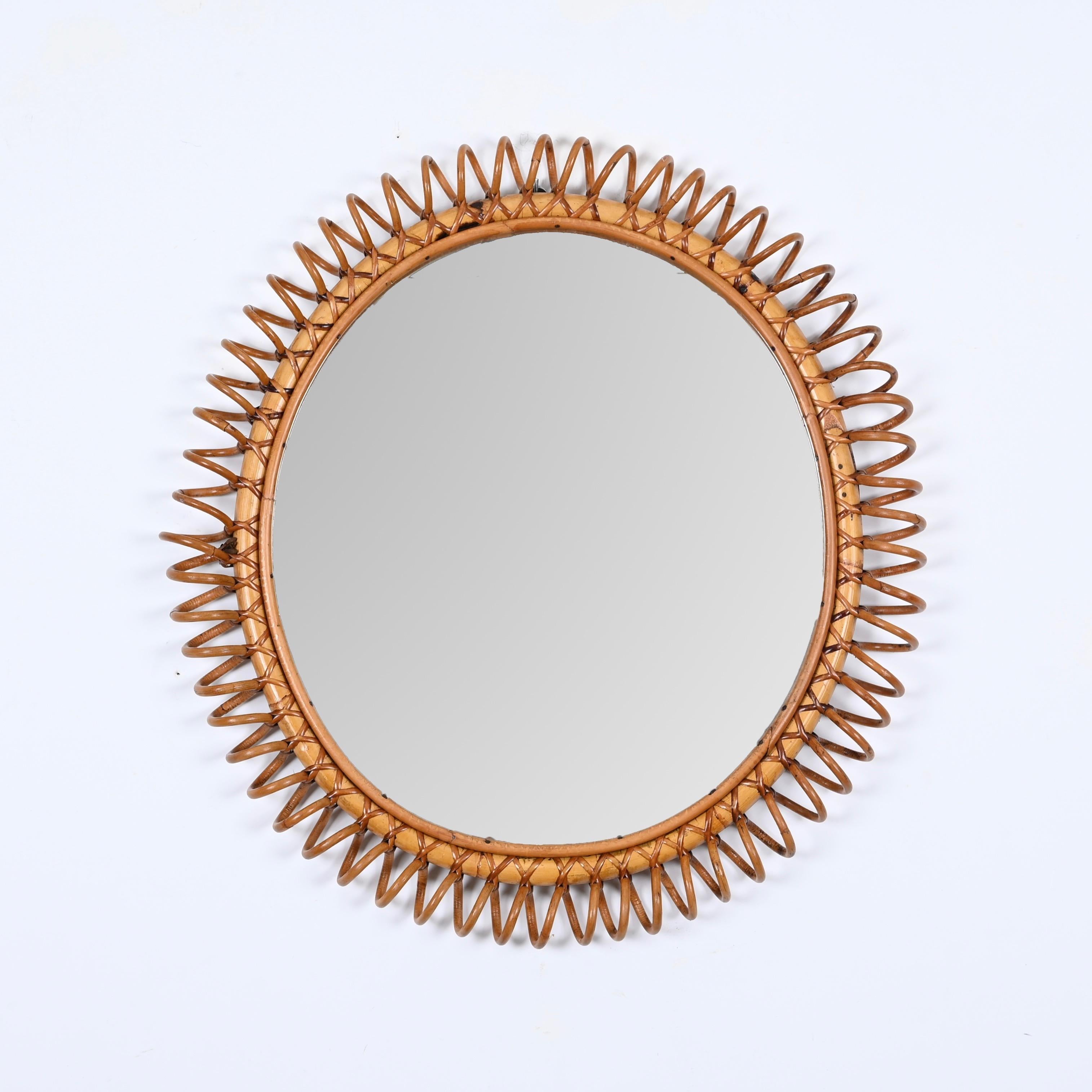 Mid-Century Spring Round Shape Mirror in Rattan, Wicker and Bamboo, Italy 1960s For Sale 2