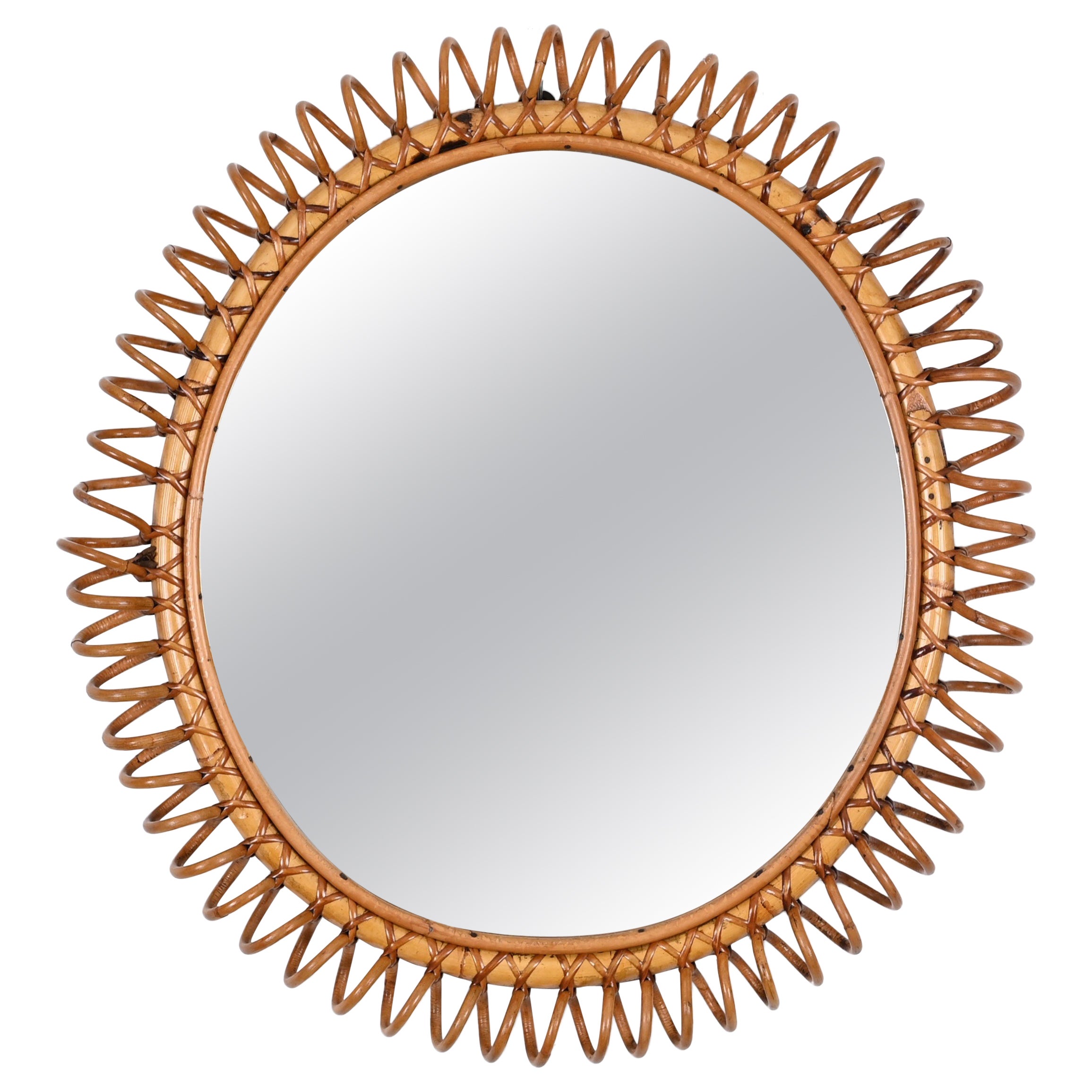 Miroir rond Spring du milieu du siècle dernier en rotin, osier et bambou, Italie, années 1960