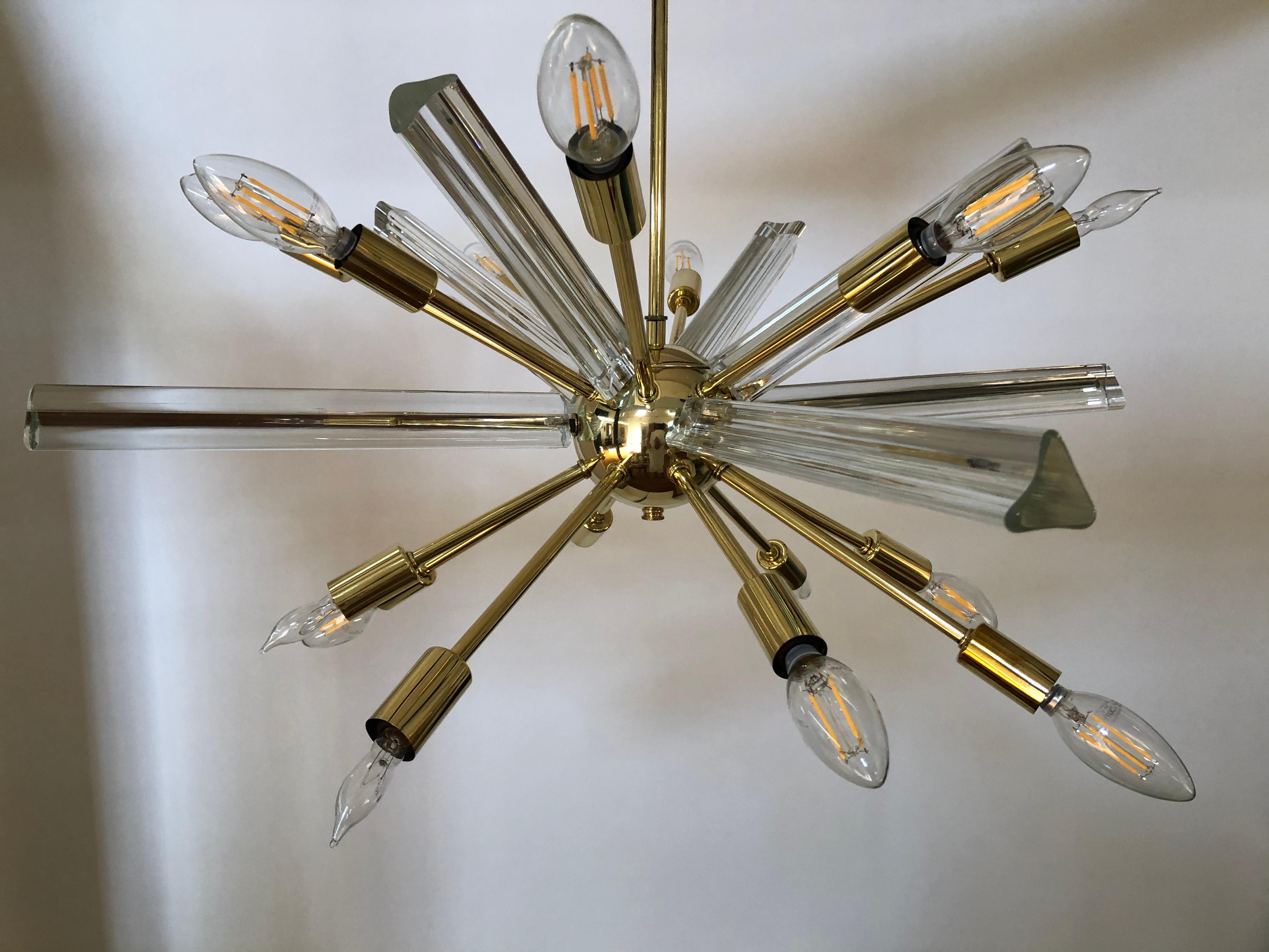 Midcentury Sputnik Brass Glass Chandelier 3