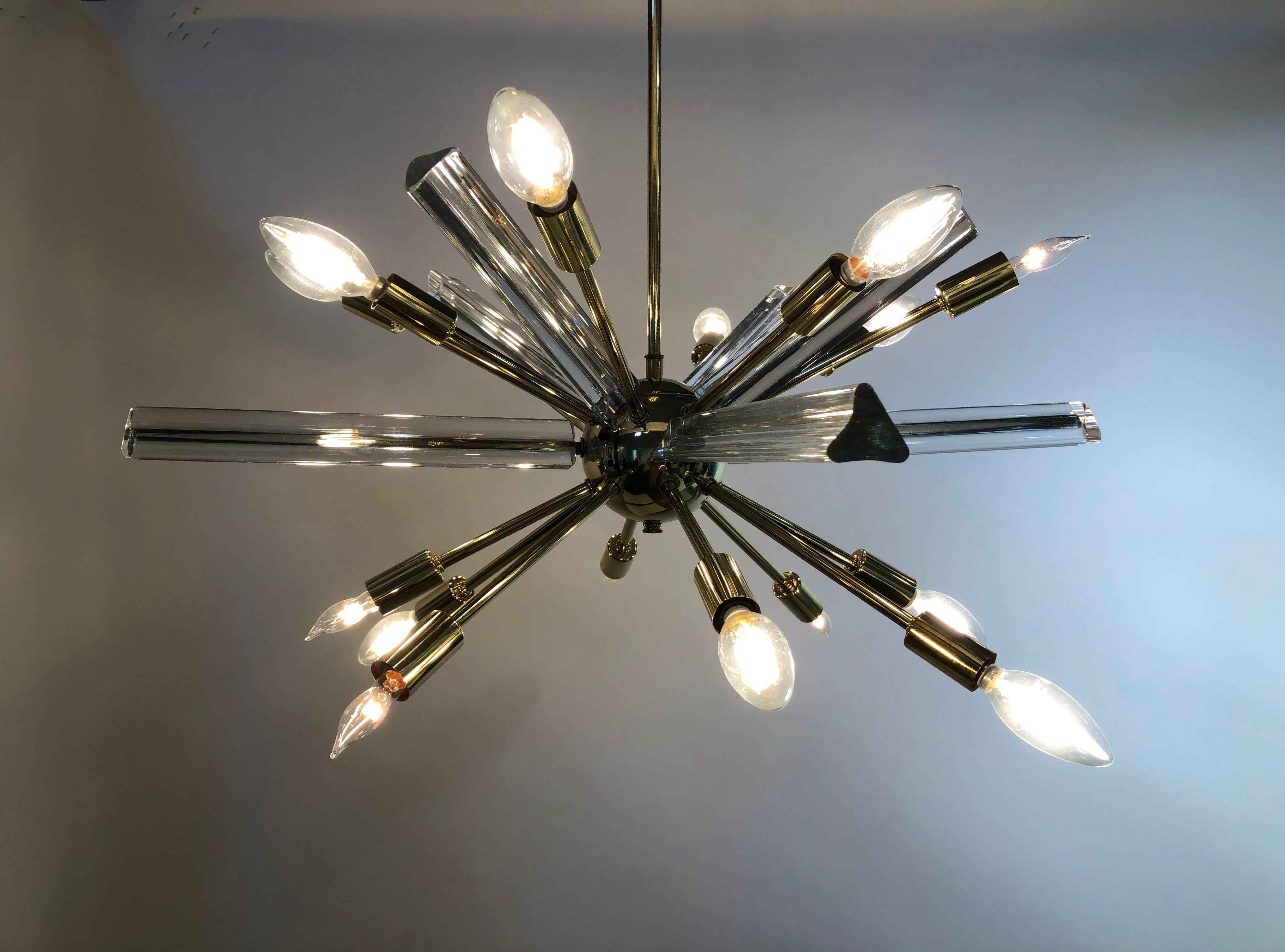 Midcentury brass and Camer glass rod chandelier, vintage all polished and lacquered and rewired. Great design and size can be made to be close to ceiling. Lightolier co.