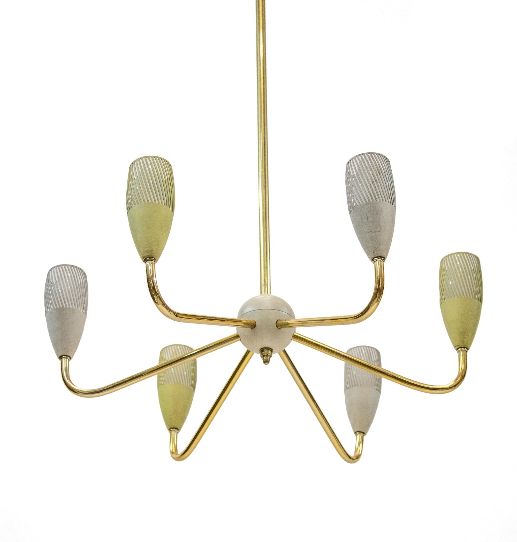 Mid-20th Century Mid Century Sputnik Chandelier Enamel & Brass in the Manner of Stilnovo For Sale