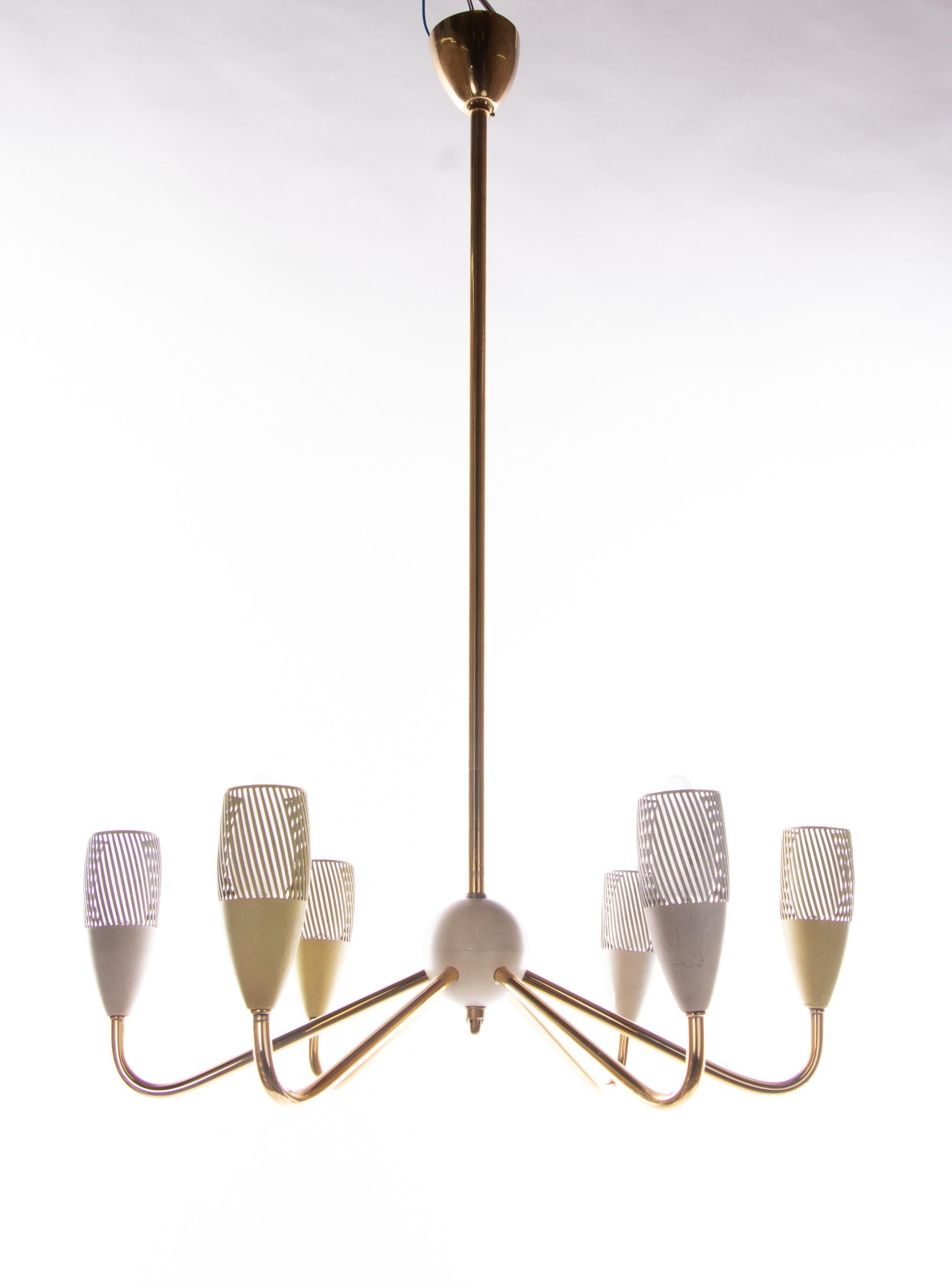 Mid Century Sputnik Chandelier Enamel & Brass in the Manner of Stilnovo For Sale 2