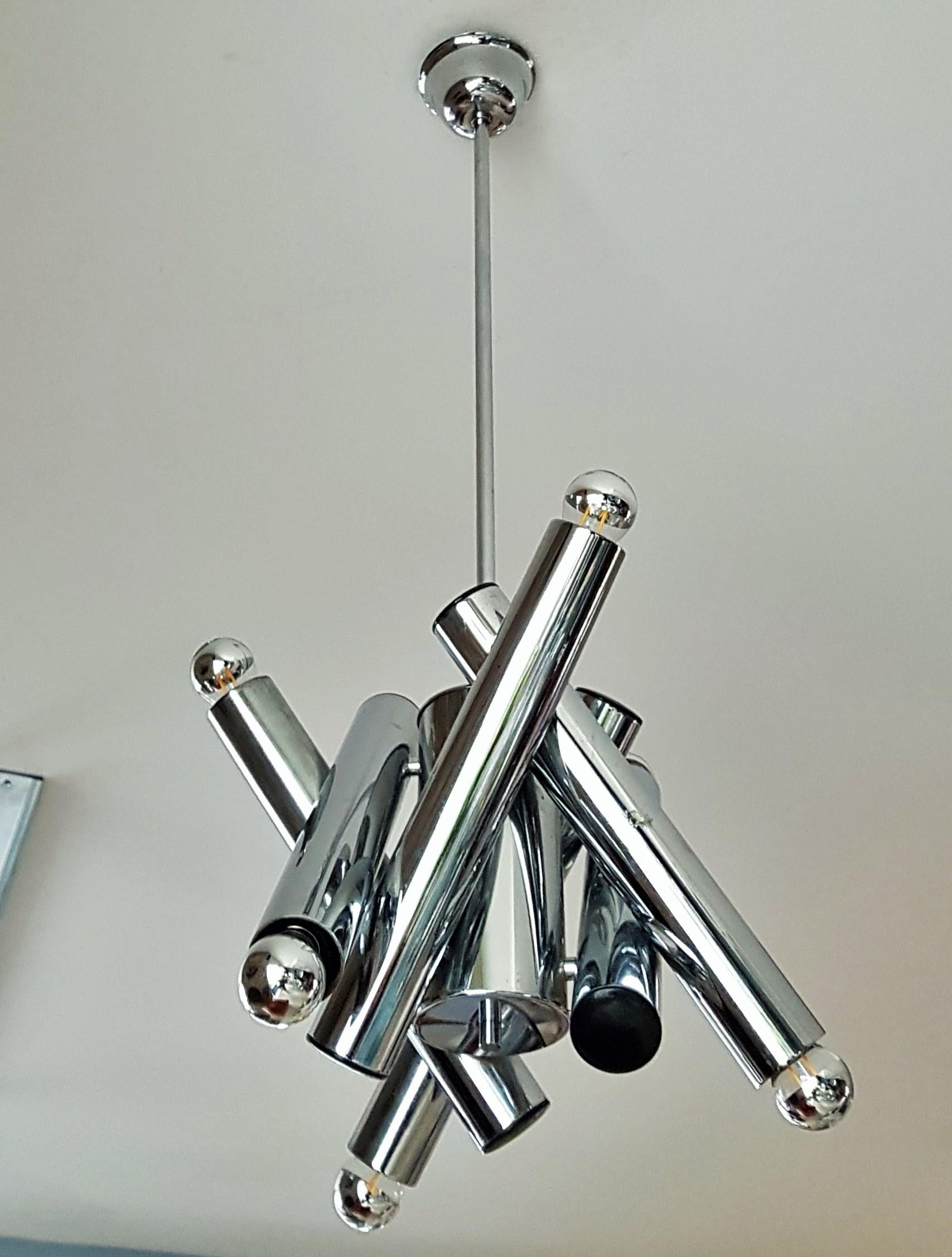 Mid-20th Century Mid-Century Sputnik Space Age Chrome Pendant Chandelier by Reggiani, Italy 1960s For Sale