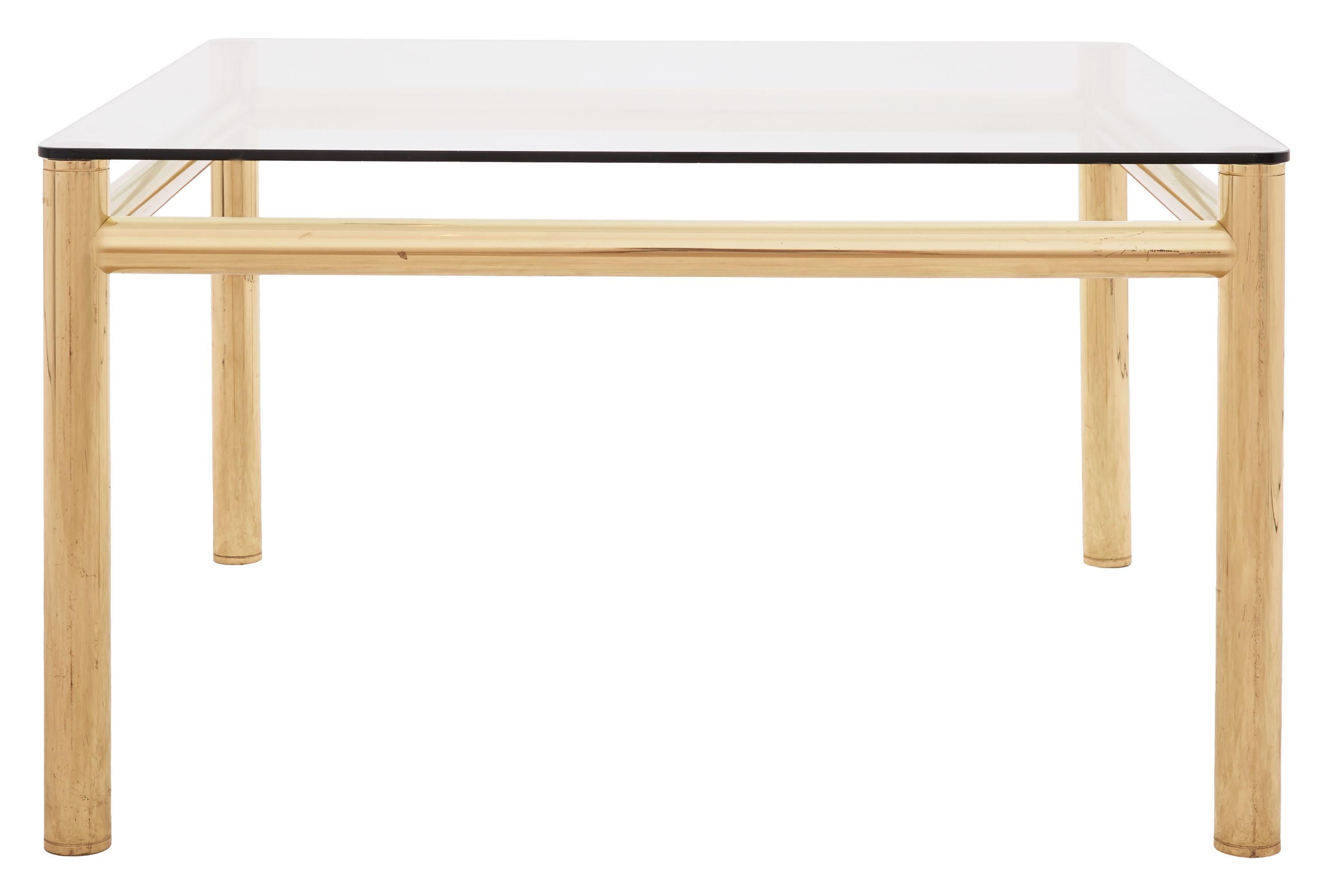 French Midcentury Square Brass Dining Table with Leather Pad Detail For Sale