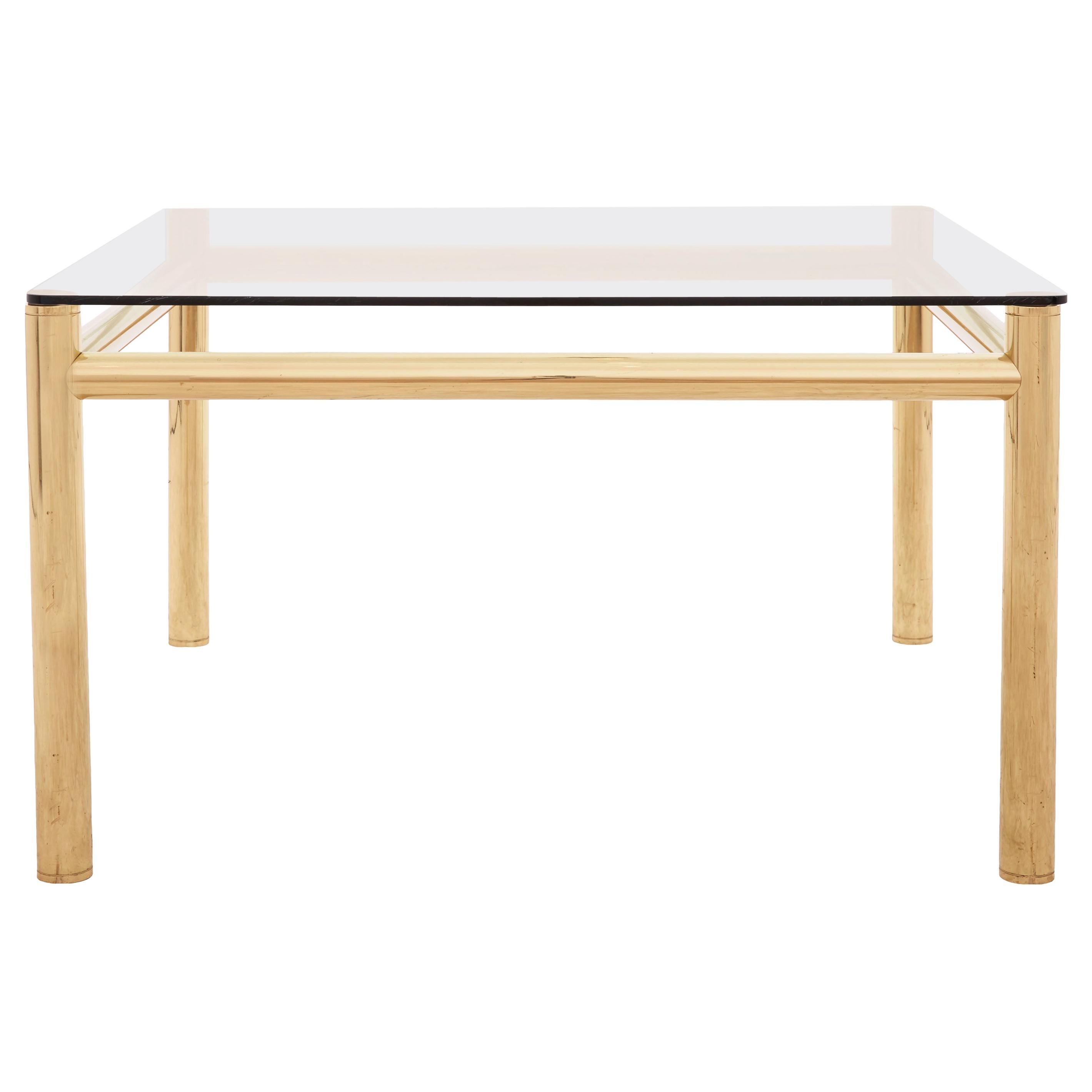 Midcentury Square Brass Dining Table with Leather Pad Detail For Sale