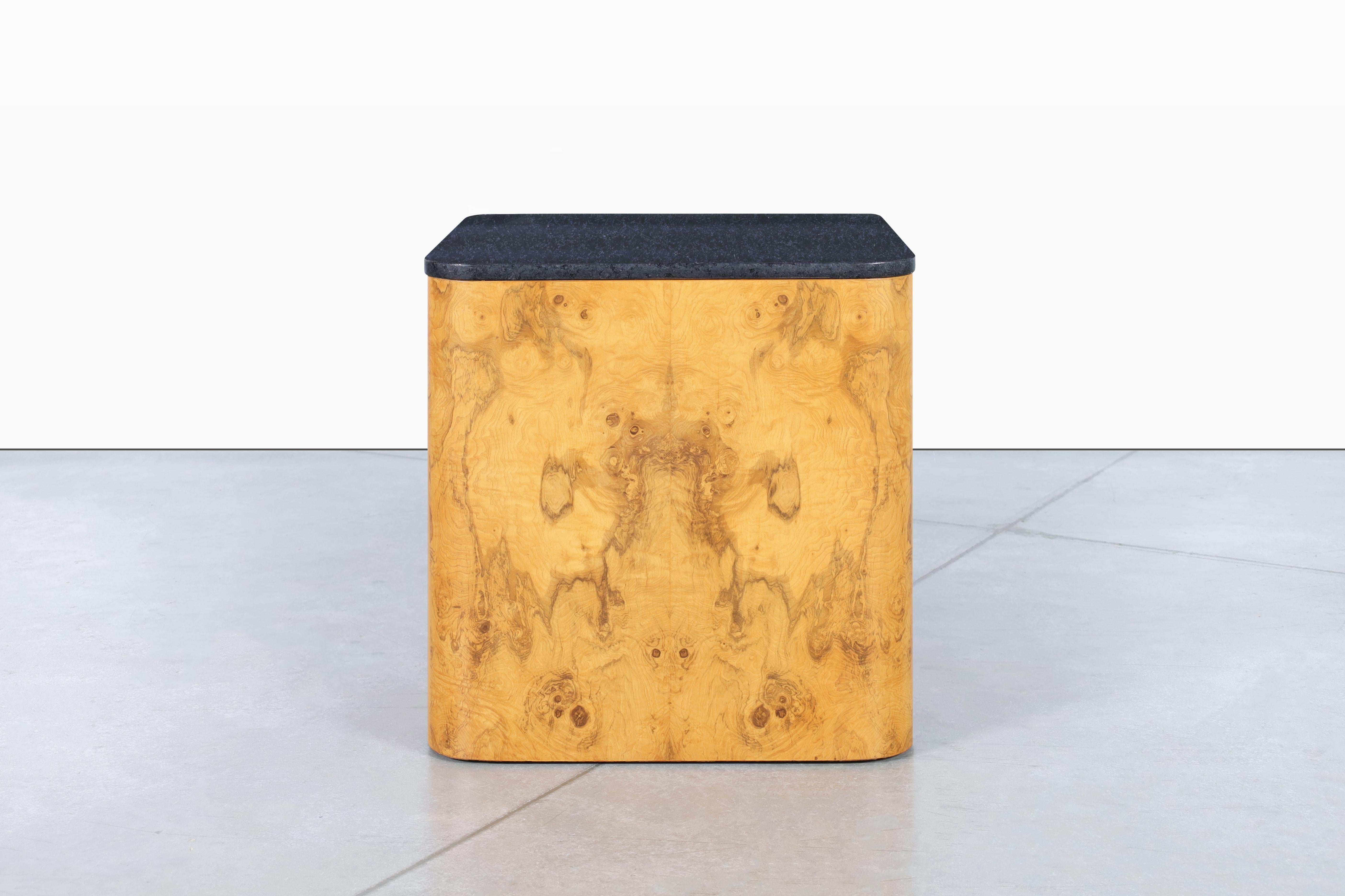 Stunning mid-century square burl wood side table / end tables by Paul Mayen for Habitat International, circa 1970s. The olive burl wood side table has been meticulously restored, resulting in a piece that's both elegant and charming. With its