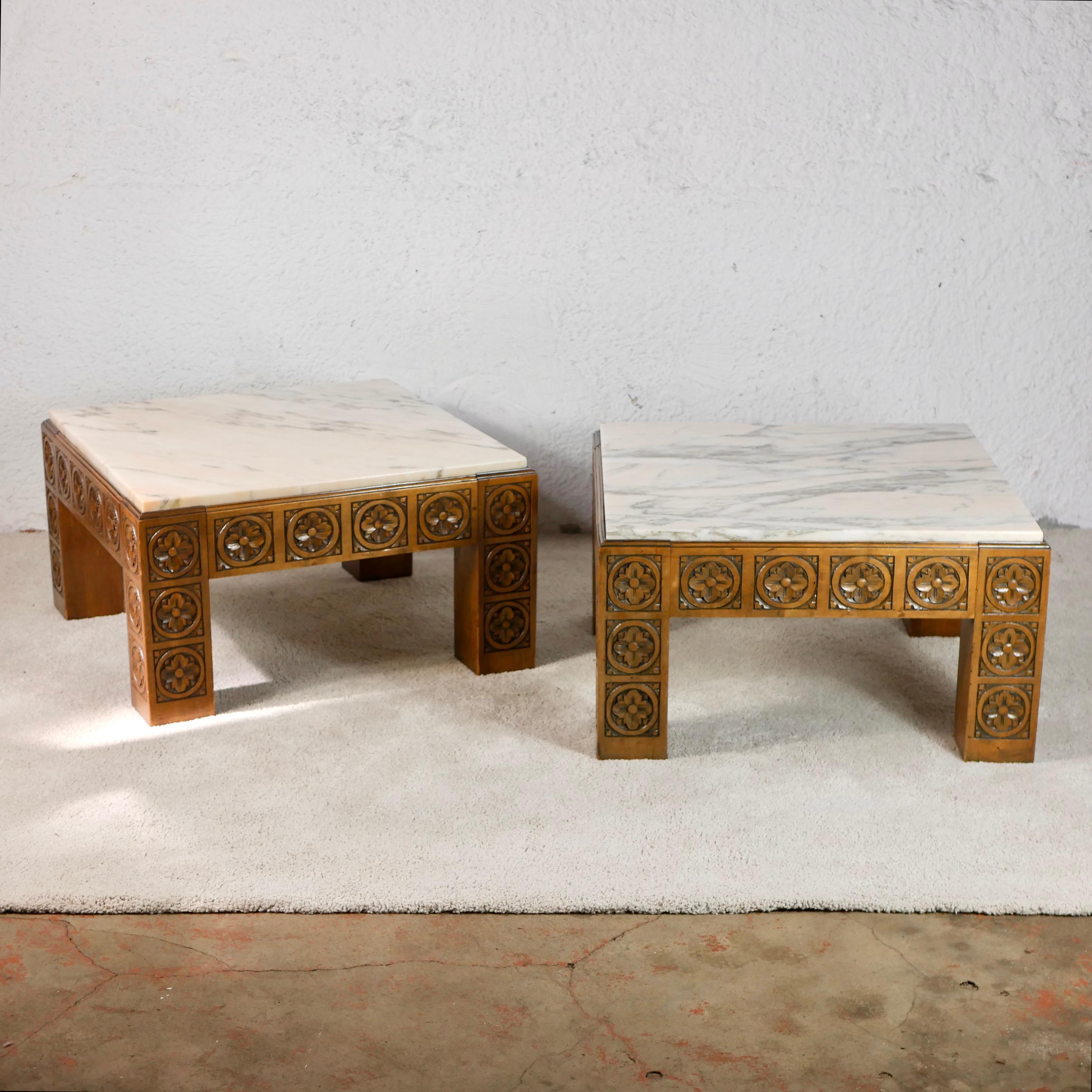 Midcentury Square Carved Wood and Marble Coffee Table from Spain 11