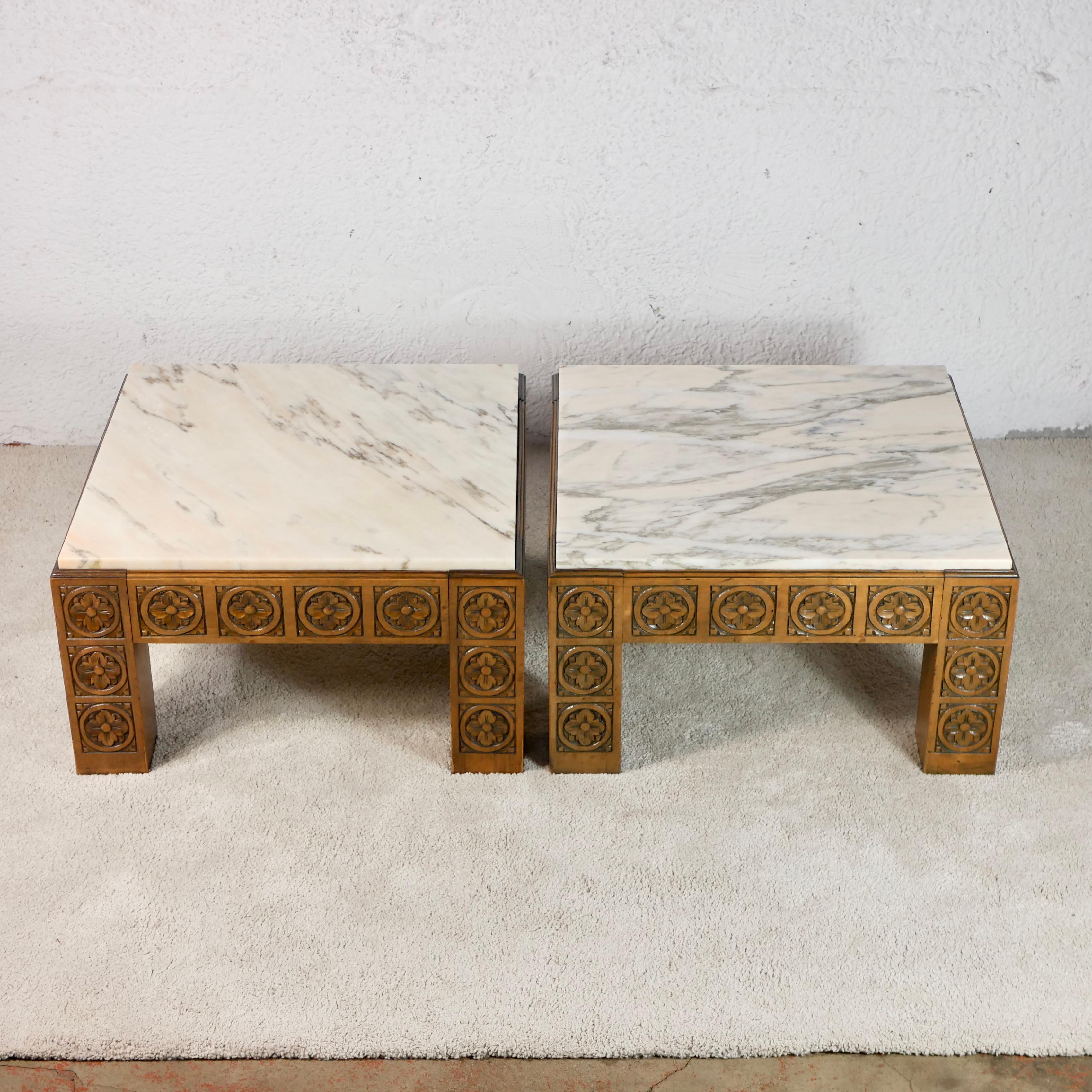 Midcentury Square Carved Wood and Marble Coffee Table from Spain 12
