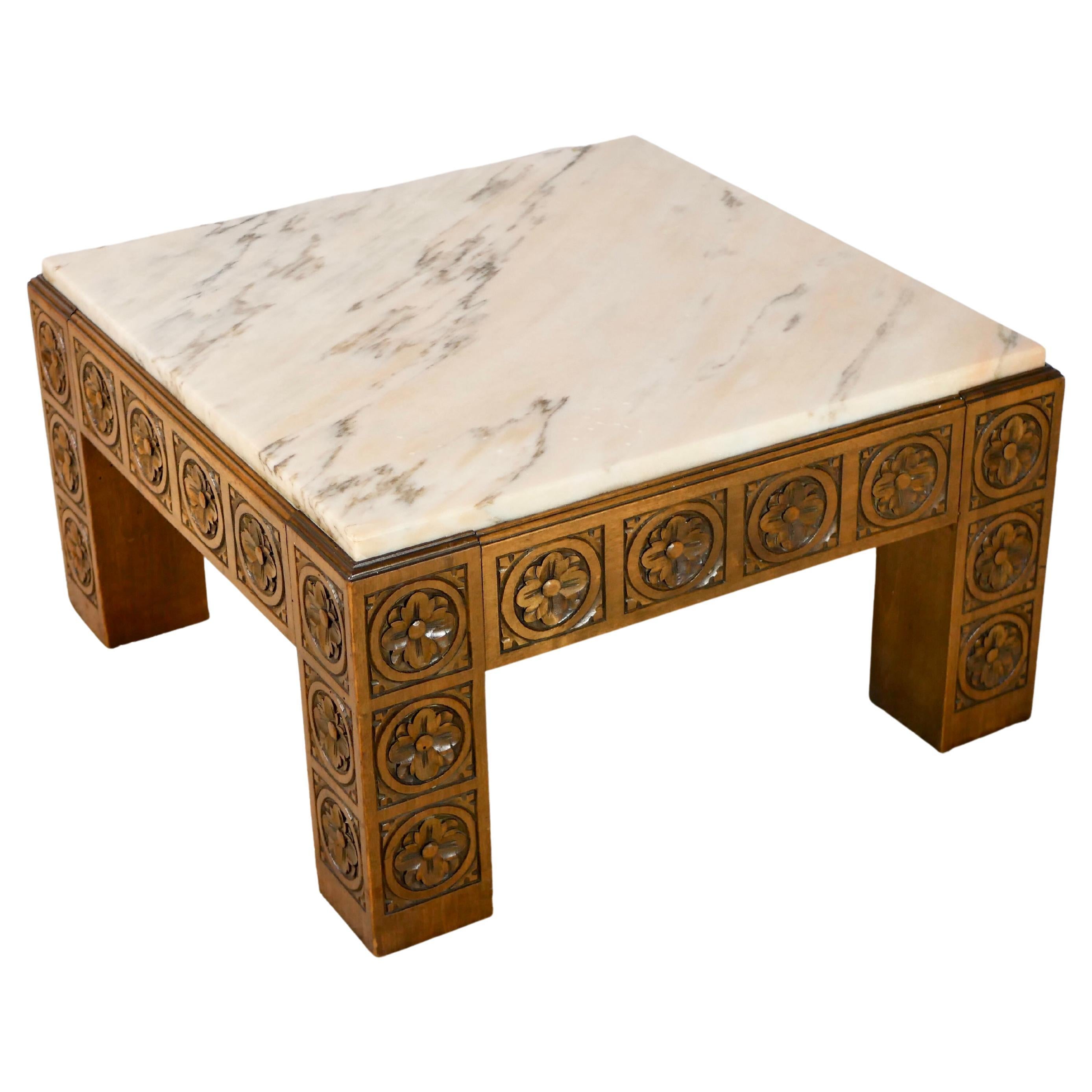Stunning square coffee table from Spain, Mid-Century Modern style, probably made between the 1950 and 1965s.
Carved wood, and marble.
Few scratches, and 1 chipped edge but overall good condition.
Wood has been treated and oiled.
Dimensions :