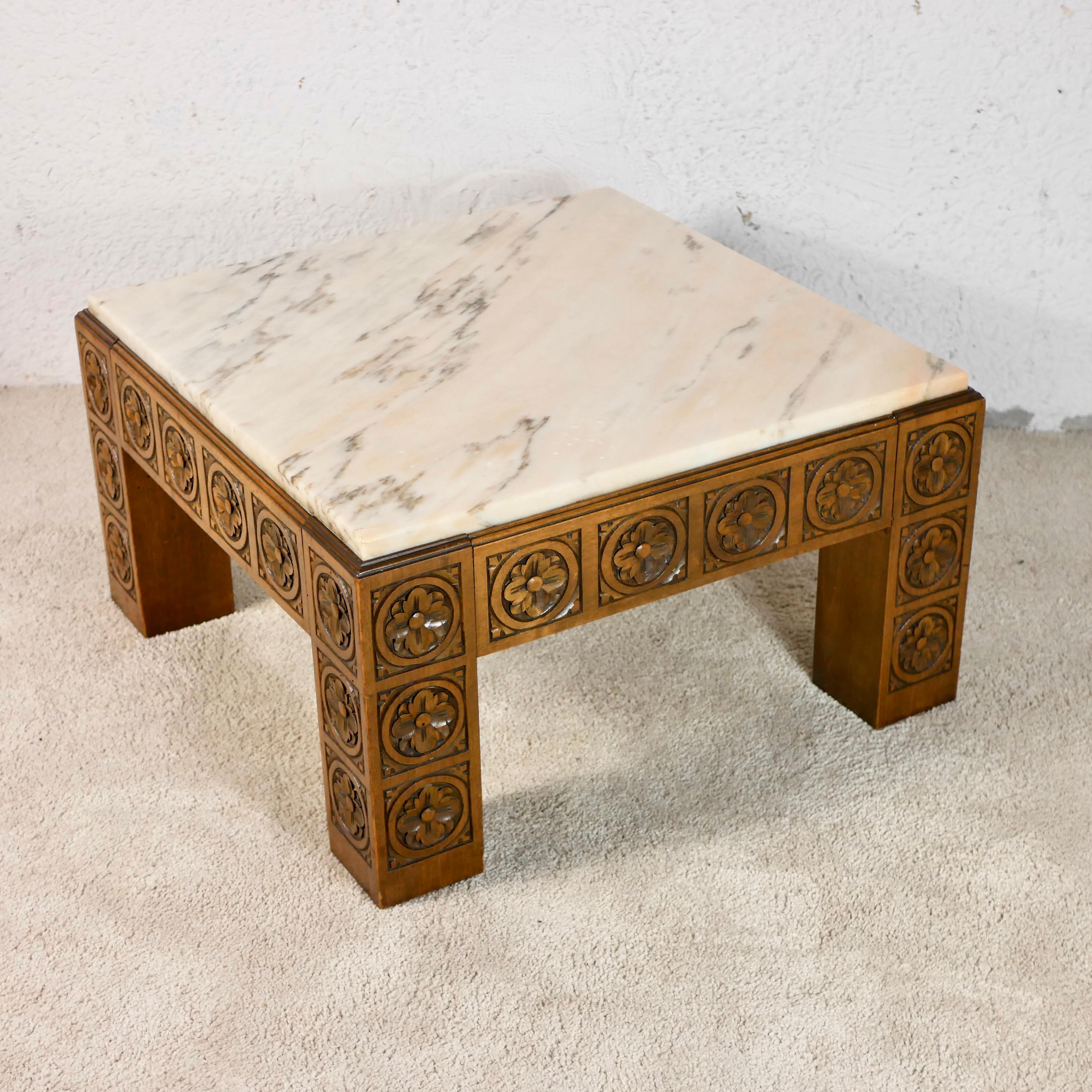 Mid-Century Modern Midcentury Square Carved Wood and Marble Coffee Table from Spain