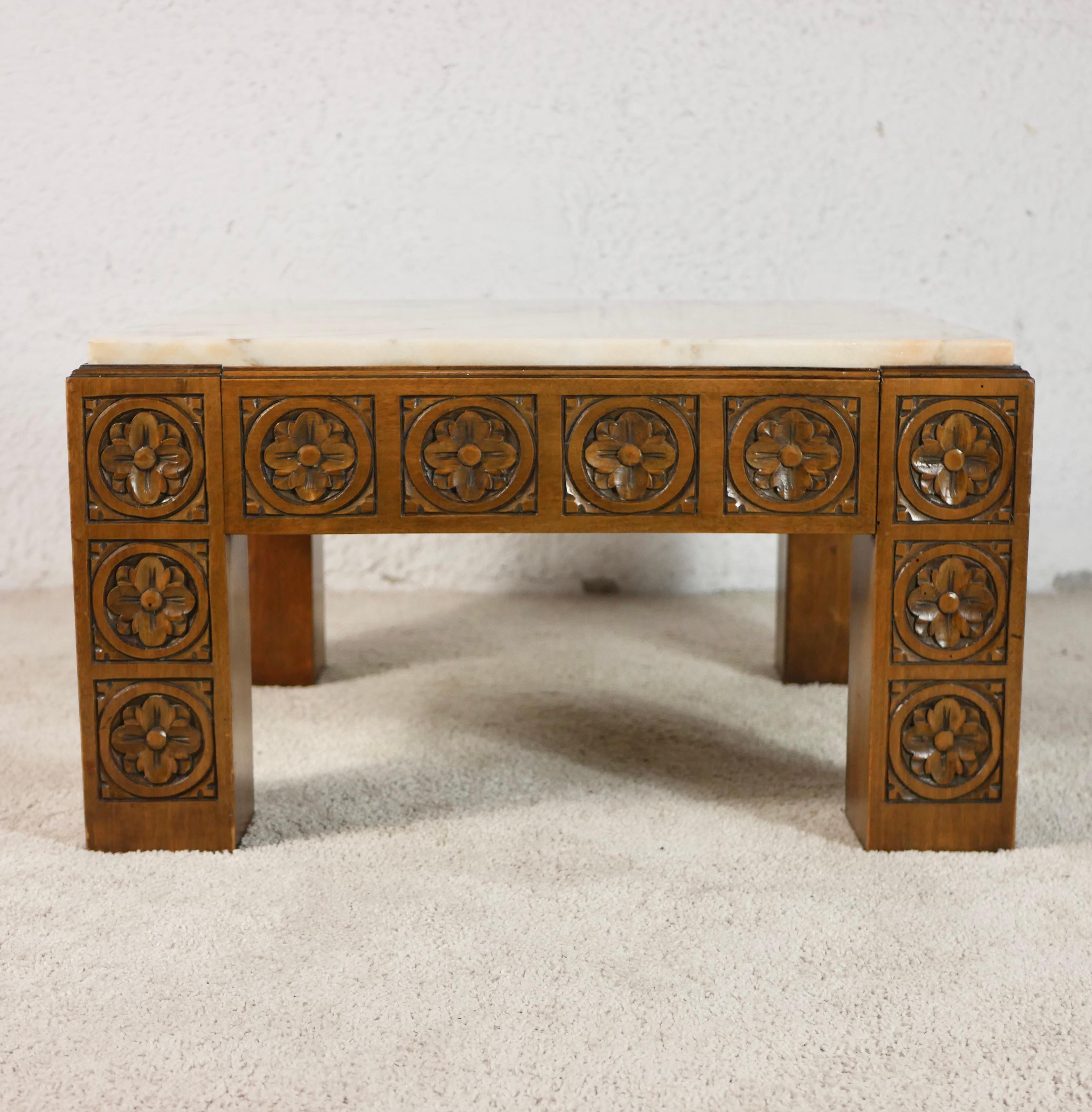 Spanish Midcentury Square Carved Wood and Marble Coffee Table from Spain