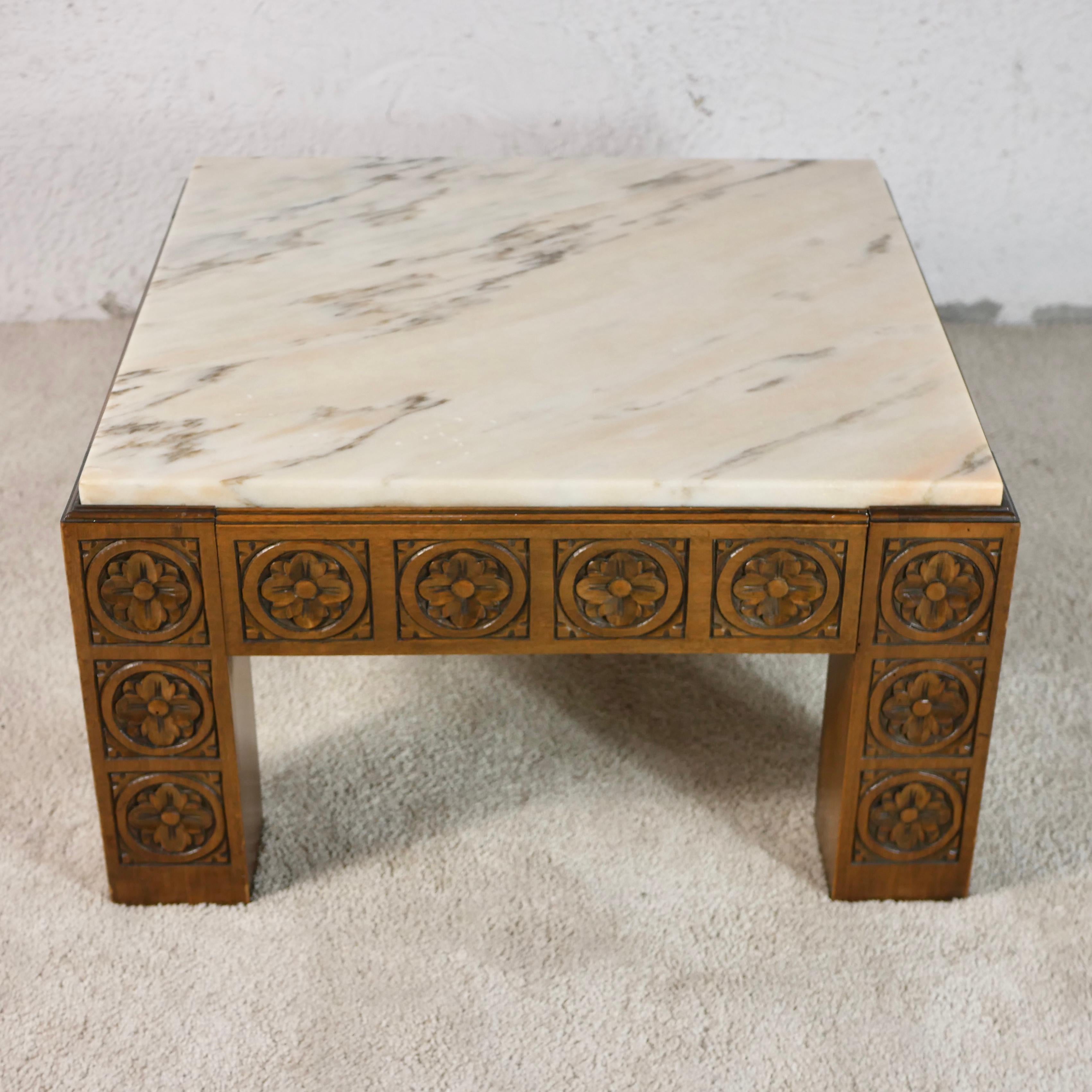 Midcentury Square Carved Wood and Marble Coffee Table from Spain In Good Condition In LYON, FR