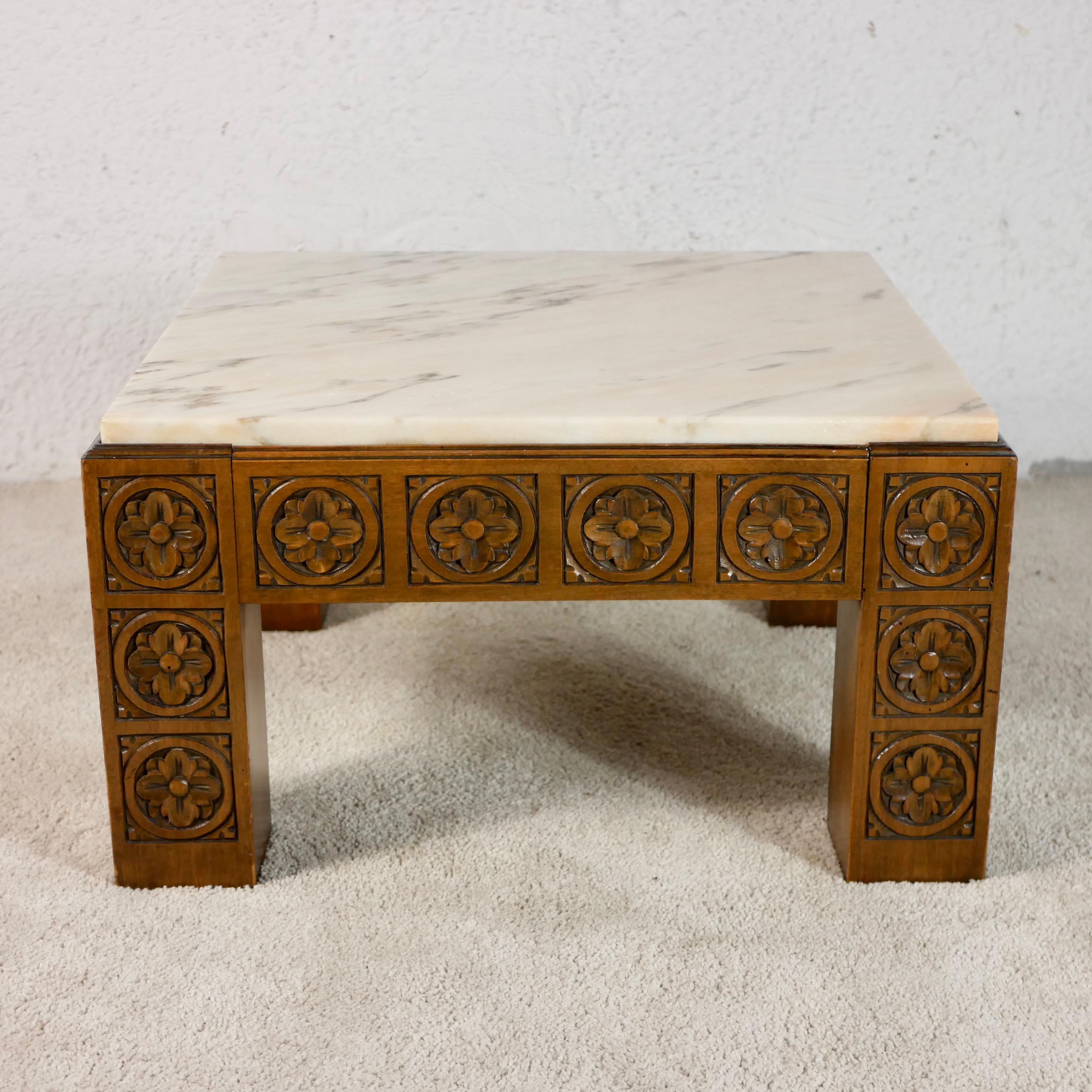 20th Century Midcentury Square Carved Wood and Marble Coffee Table from Spain