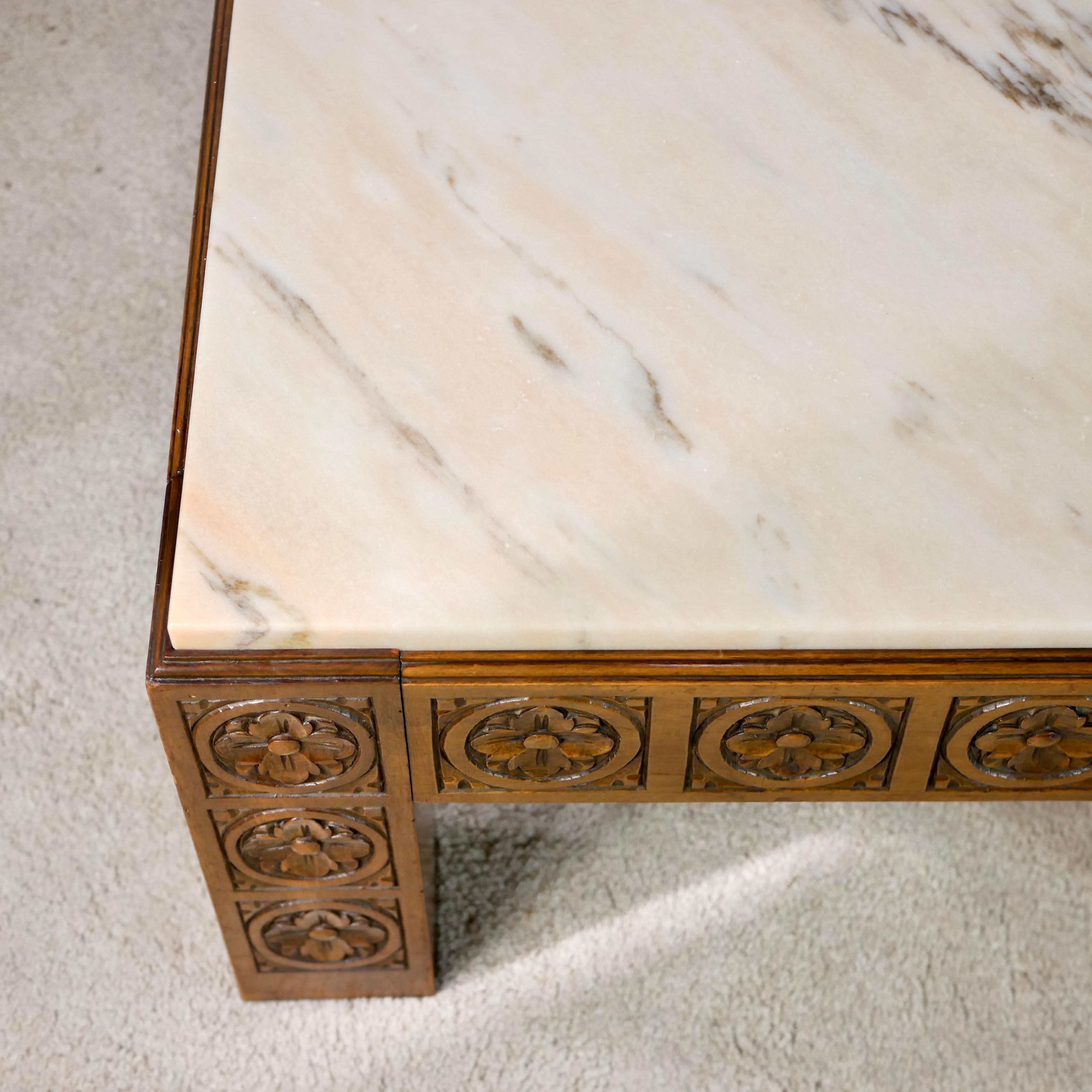 Midcentury Square Carved Wood and Marble Coffee Table from Spain 2